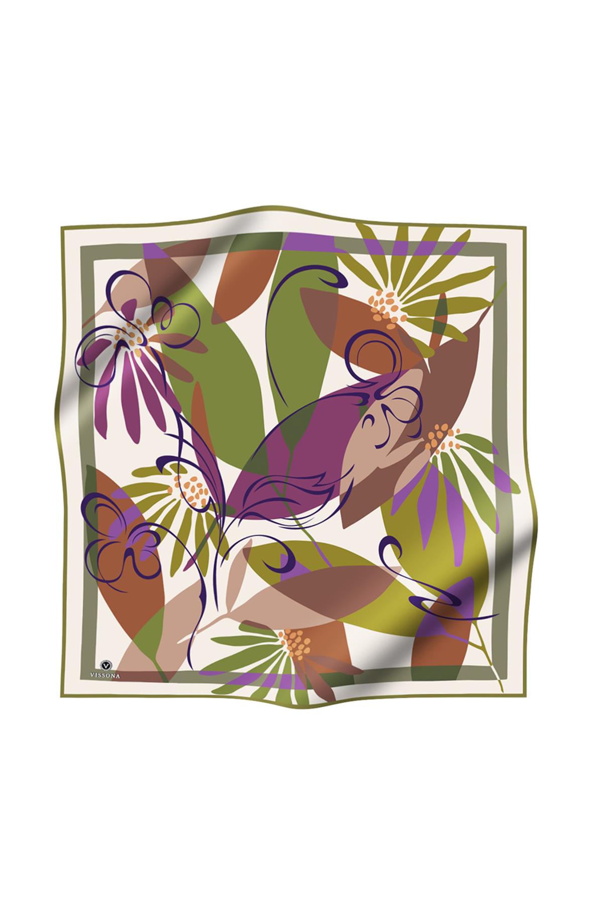 %100 Twill İpek Çiçek Desenli Haki - Mürdüm Renkli 90x90 Eşarp Dikim Şekli : El Dikişi