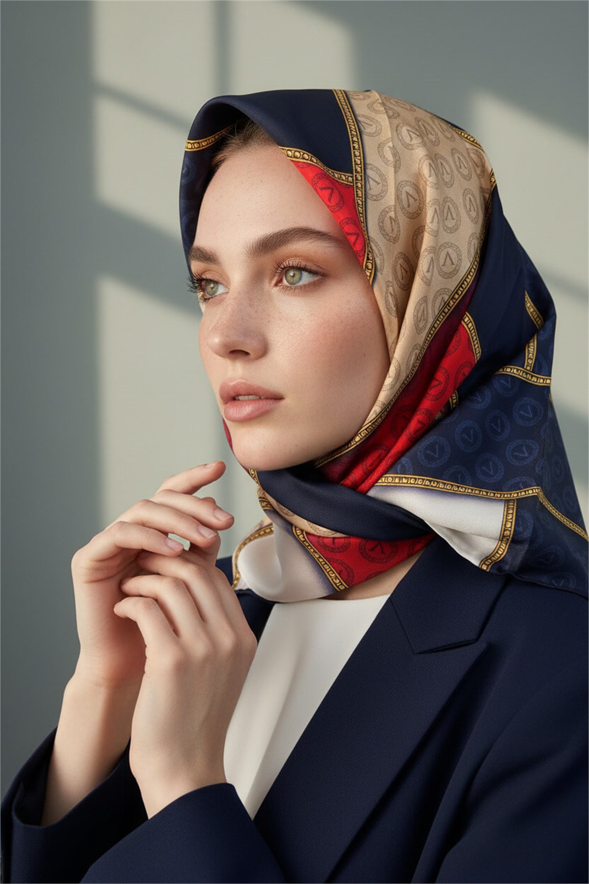 %100 Twill İpek Geometrik Desenli Lacivert - Kırmızı Renkli 90x90 Eşarp Dikim Şekli : El Dikişi