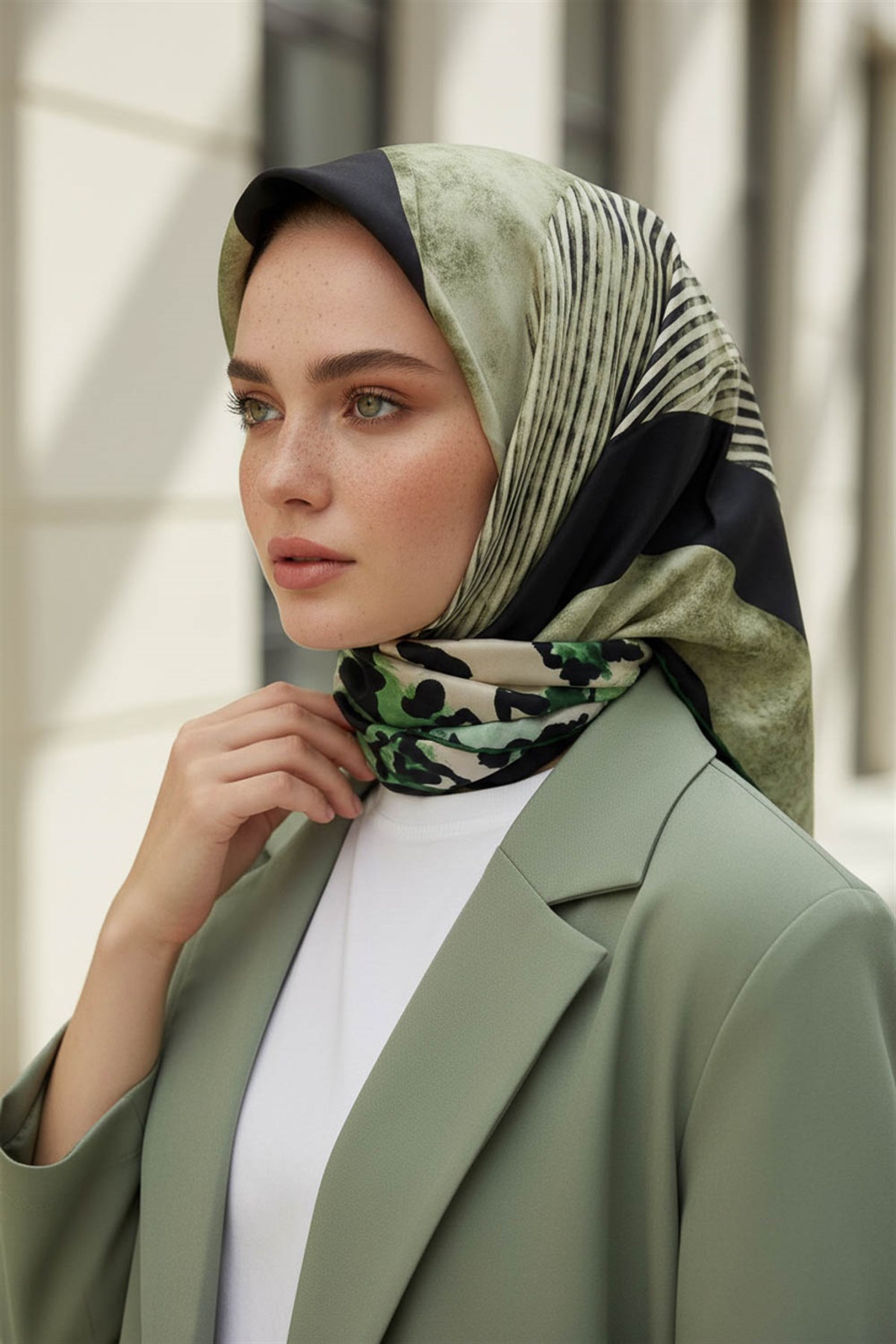 %100 Twill İpek Leopar Ve Geometrik Desenli Zümrüt Yeşili - Haki Renkli 90x90 Eşarp Dikim Şekli : El Dikişi