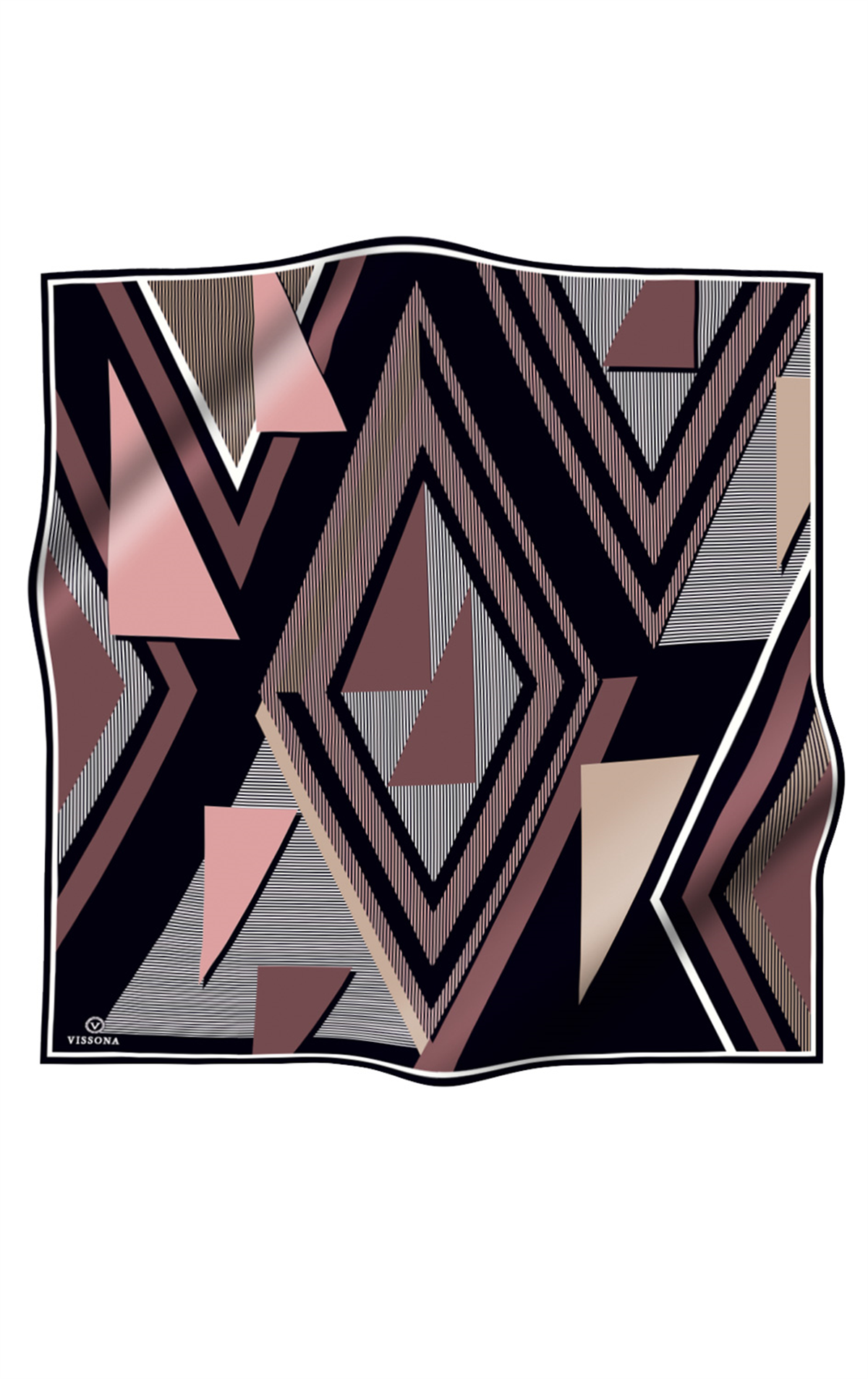 % 57 İPEK % 43 VİSKON Twill İpek Geometrik Desenli Pudra - Siyah Renkli 90x90 Eşarp Dikim Şekli : El Dikişi