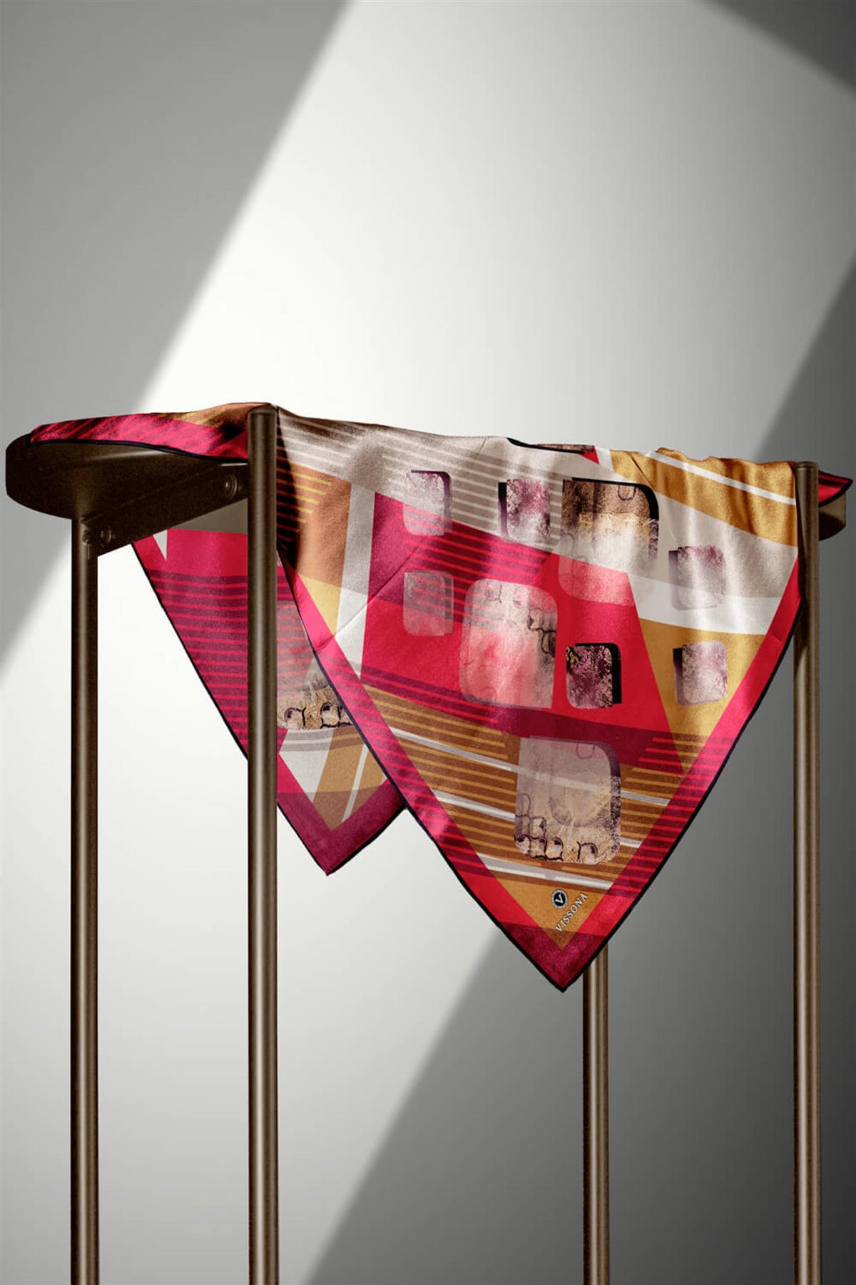 %100 Twill İpek Geometrik Desenli Bordo Renkli 90x90 Eşarp Dikim Şekli : El Dikişi