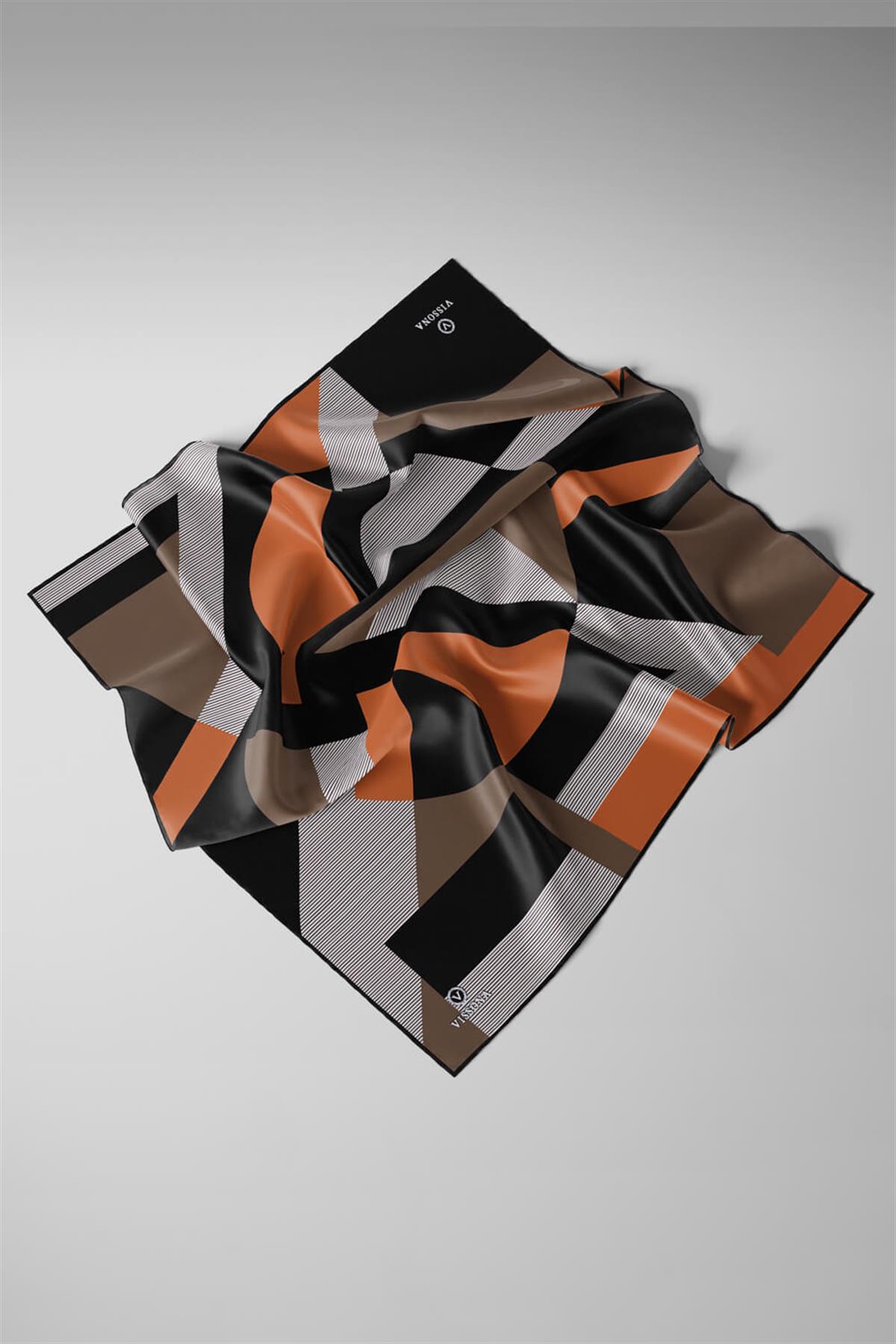 %100 Twill İpek Geometrik Çizgi Desenli Siyah - Taba Renkli 90x90 Eşarp Kenar Dikiş Şekli El Dikişli