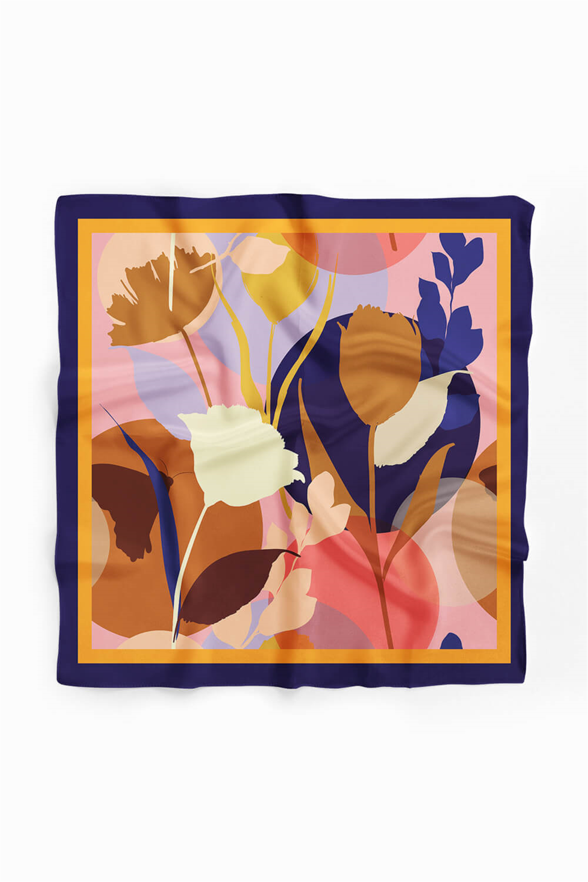 Z23 Kadın Kahverengi Krem Lale Desenli 50x50 Bandana - DG0887