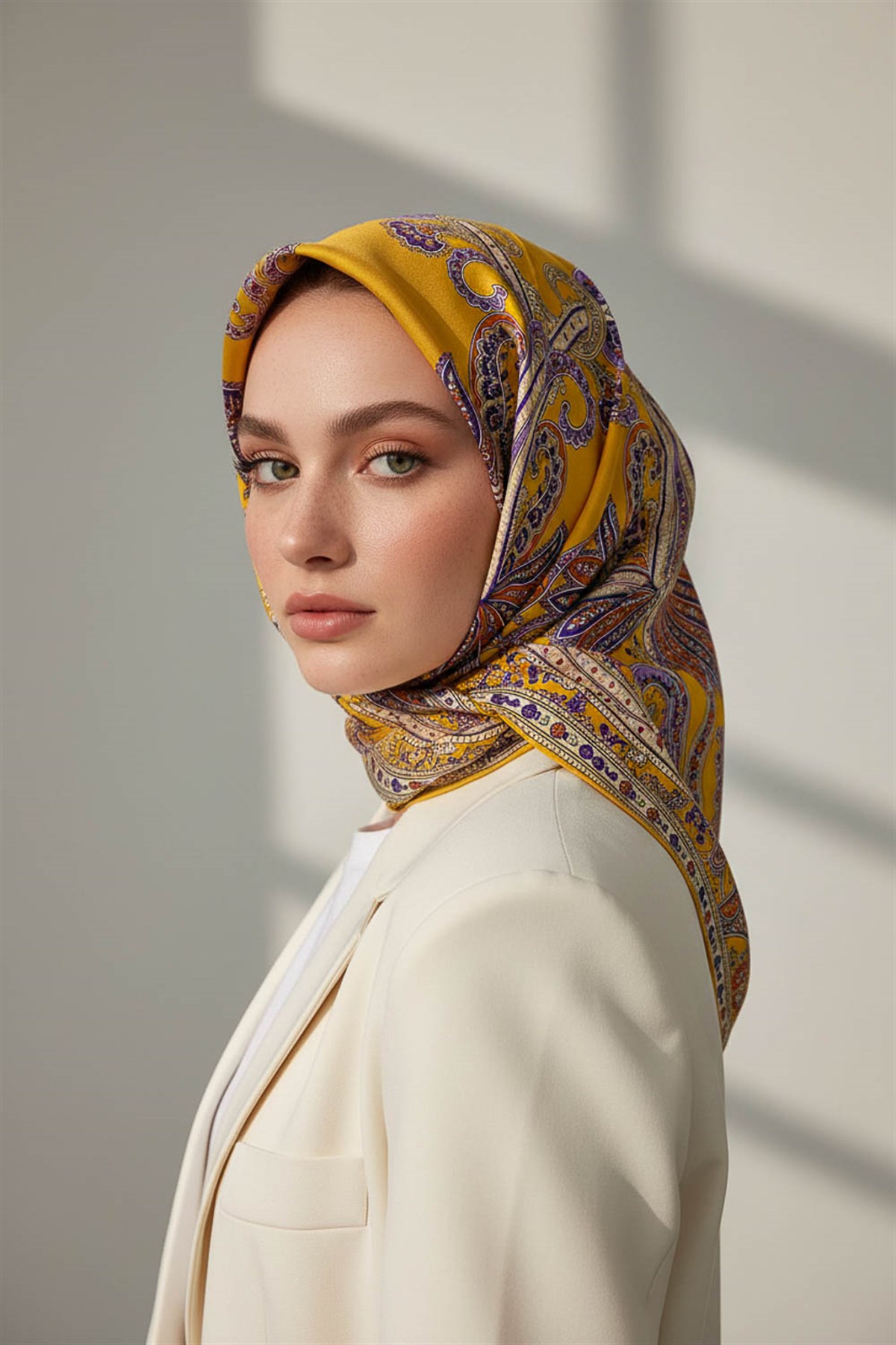 %100 Twill İpek Şal Desenli Gold Renkli 90x90 Eşarp Dikim Şekli : El Dikişi