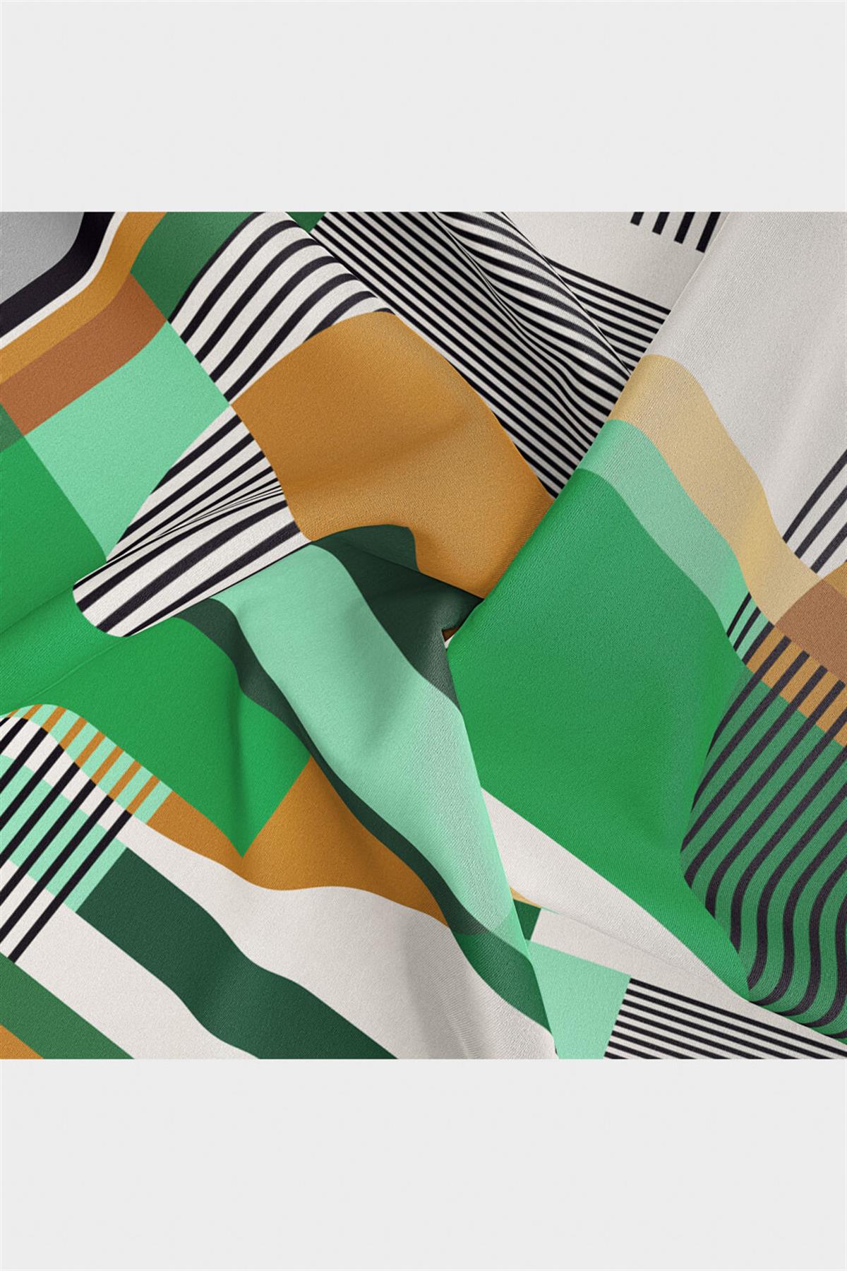 100% Twill İpek Geometrik Desenli Zümrüt Yeşili - Hardal Renkli 90x90 Dikim Şekli : El Dikişi Eşarp