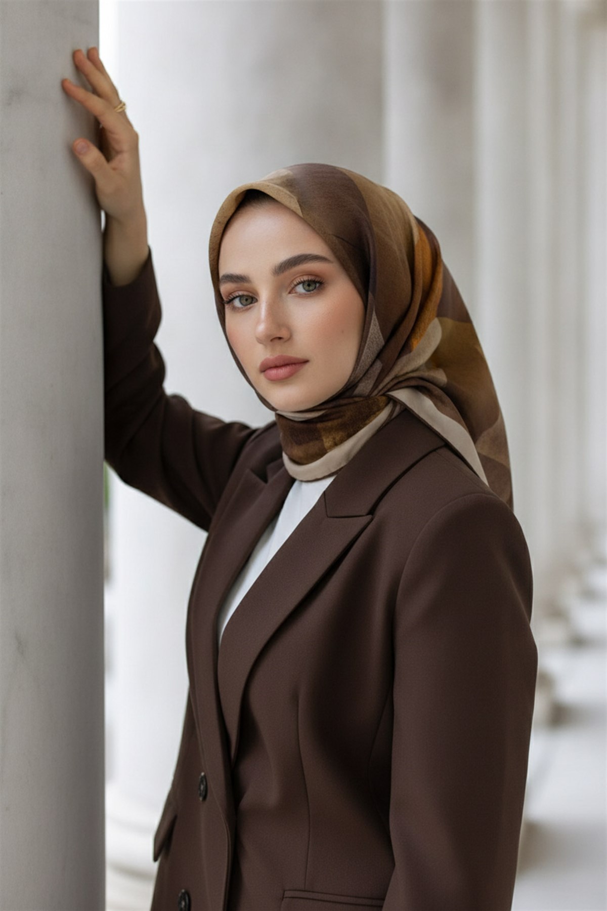 %100 Twill İpek Geometrik Desenli Taba - Kahverengi Renkli 90x90 Eşarp Dikim Şekli : El Dikişi