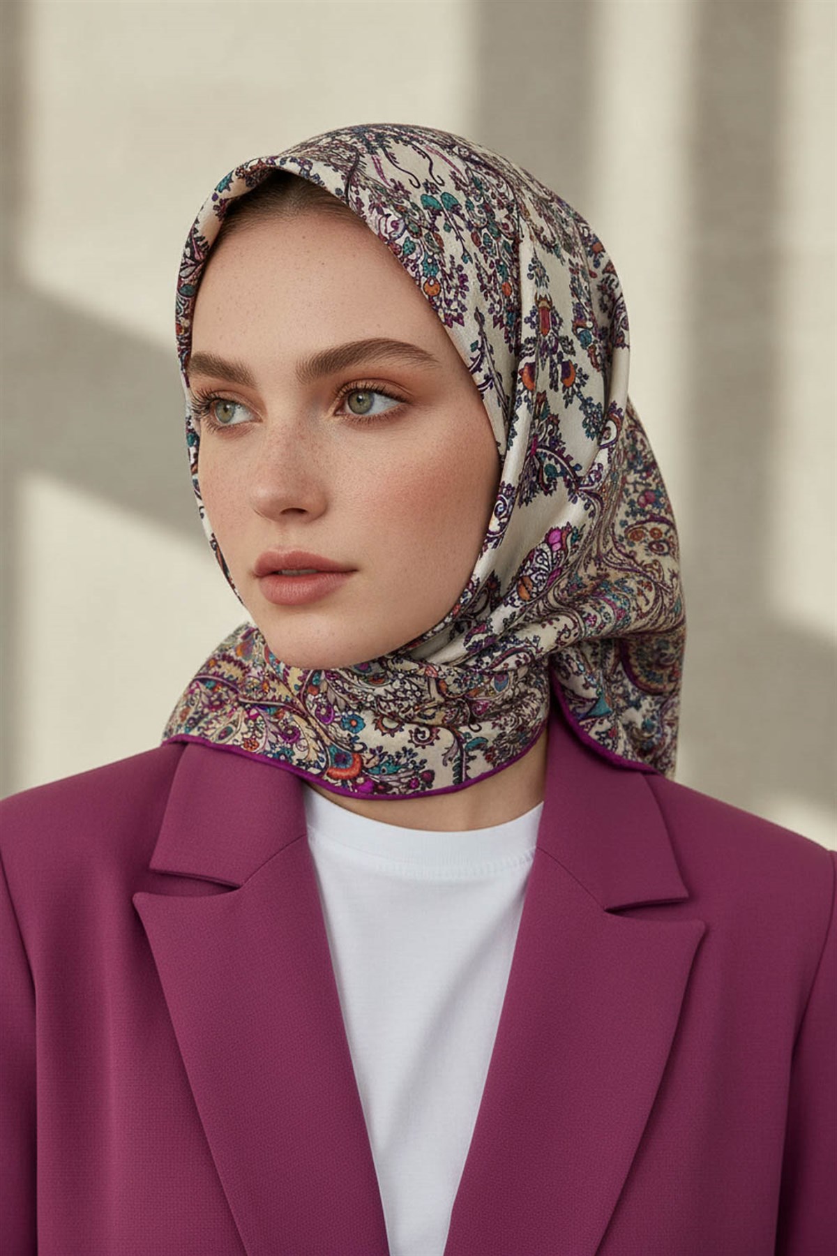 %100 Twill İpek Şal Desenli Krem - Mürdüm Renkli 90x90 Eşarp Dikim Şekli : El Dikişi