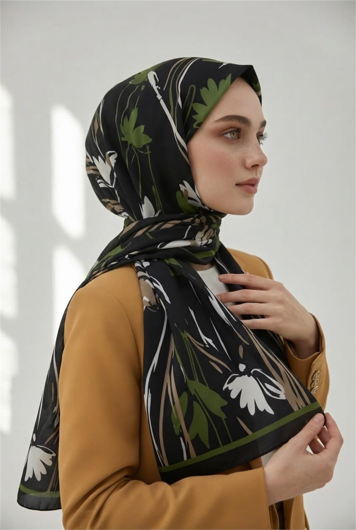 KREP ÇİÇEK DESENLİ HAKİ RENKLİ 75X195 KIRIŞMAZ ŞAL