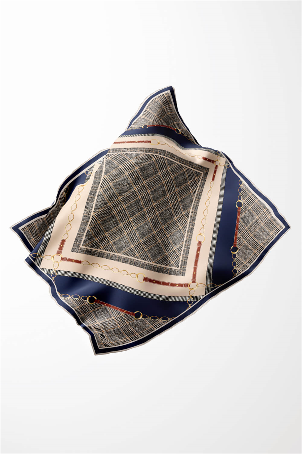Twill Kemer ve Zincir Detaylı Ekose Desenli Lacivert Renkli 90x90 Eşarp (İpek İçermez) Kenar Dikiş Şekli El Dikişli