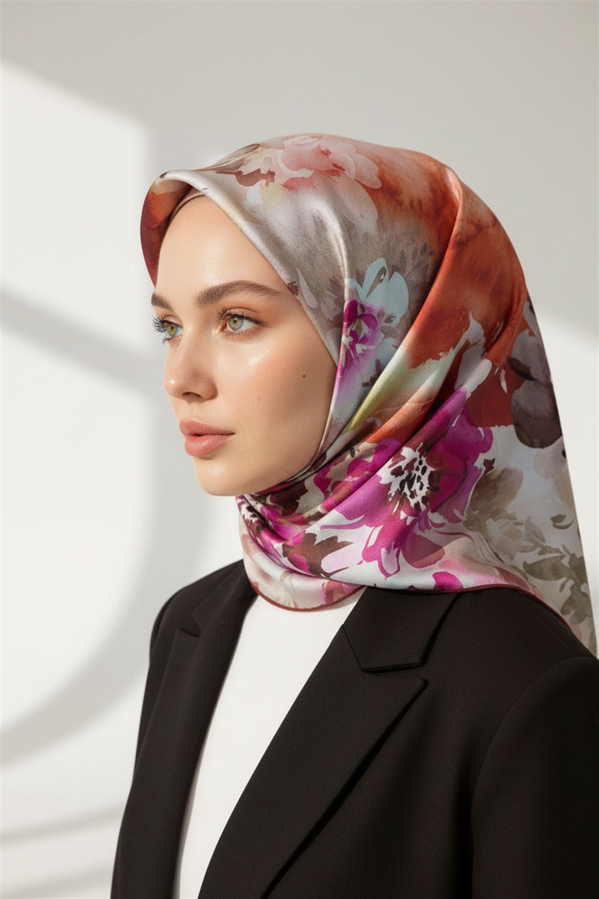 %100 Twill İpek Çiçek  Desenli Bordo - Kırmızı Renkli 90x90 Eşarp Dikim Şekli : El Dikişi