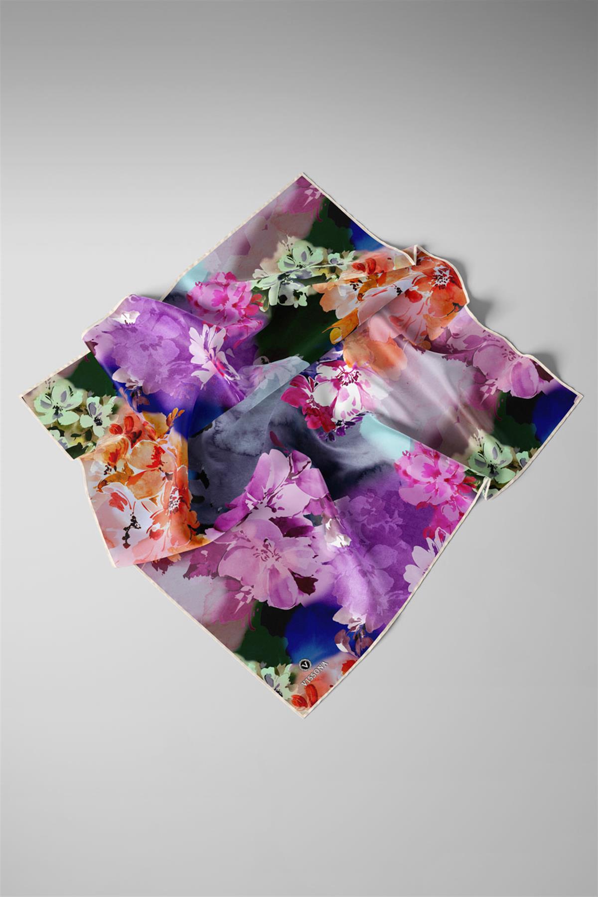 %100 Twill İpek Çiçek  Desenli Krem - Turuncu Renkli 90x90 Eşarp Dikim Şekli : El Dikişi