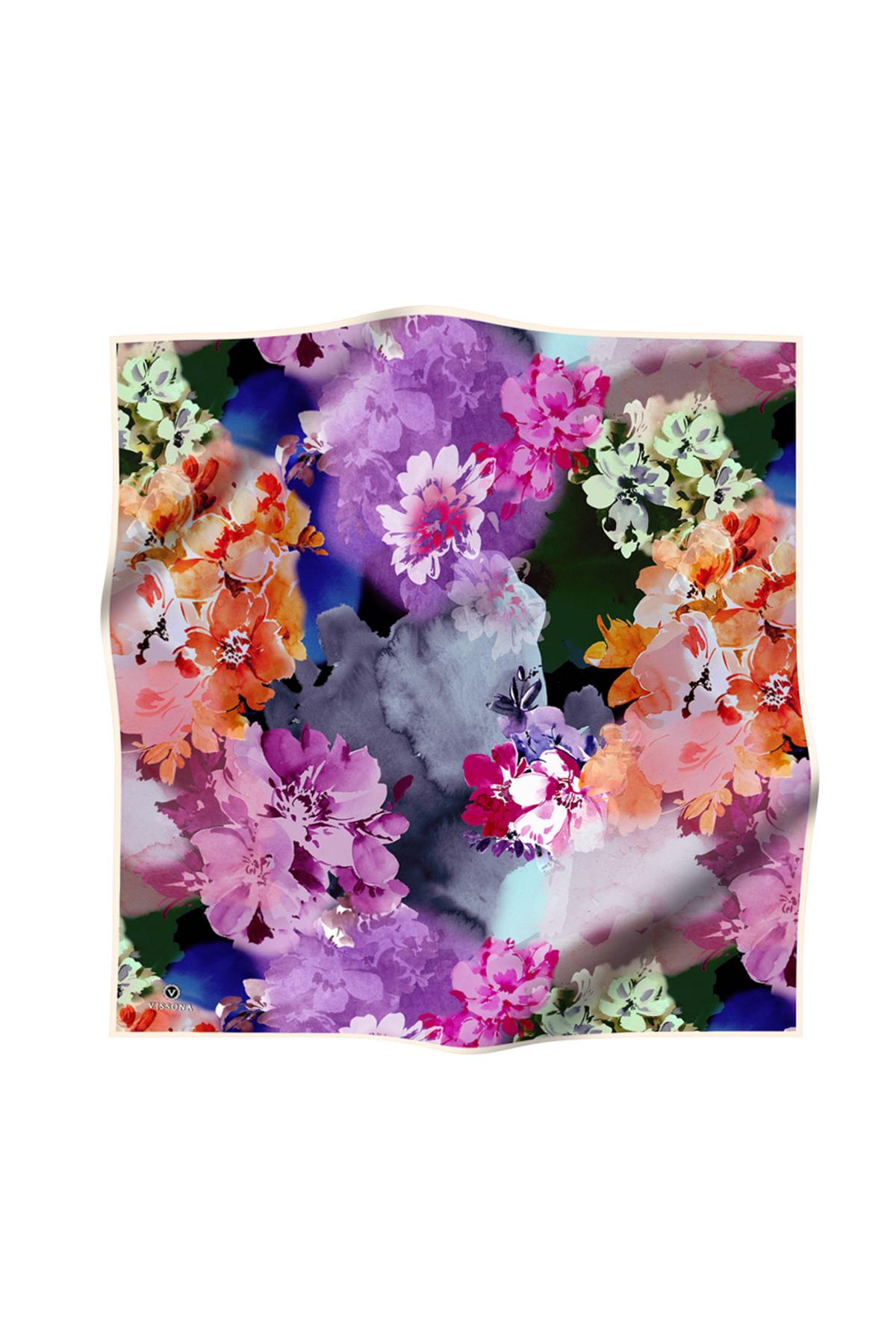 %100 Twill İpek Çiçek  Desenli Krem - Turuncu Renkli 90x90 Eşarp Dikim Şekli : El Dikişi