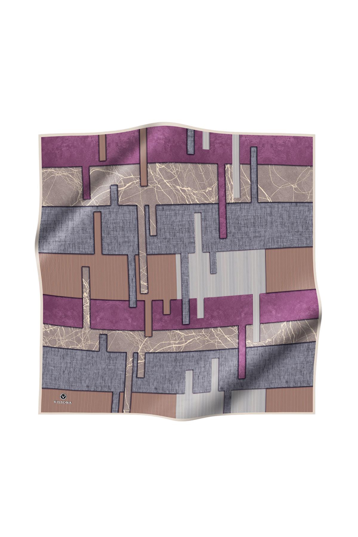 %100 Twill İpek Geometrik Desenli Vizon - Pudra Renkli 90x90 Eşarp Dikim Şekli : El Dikişi