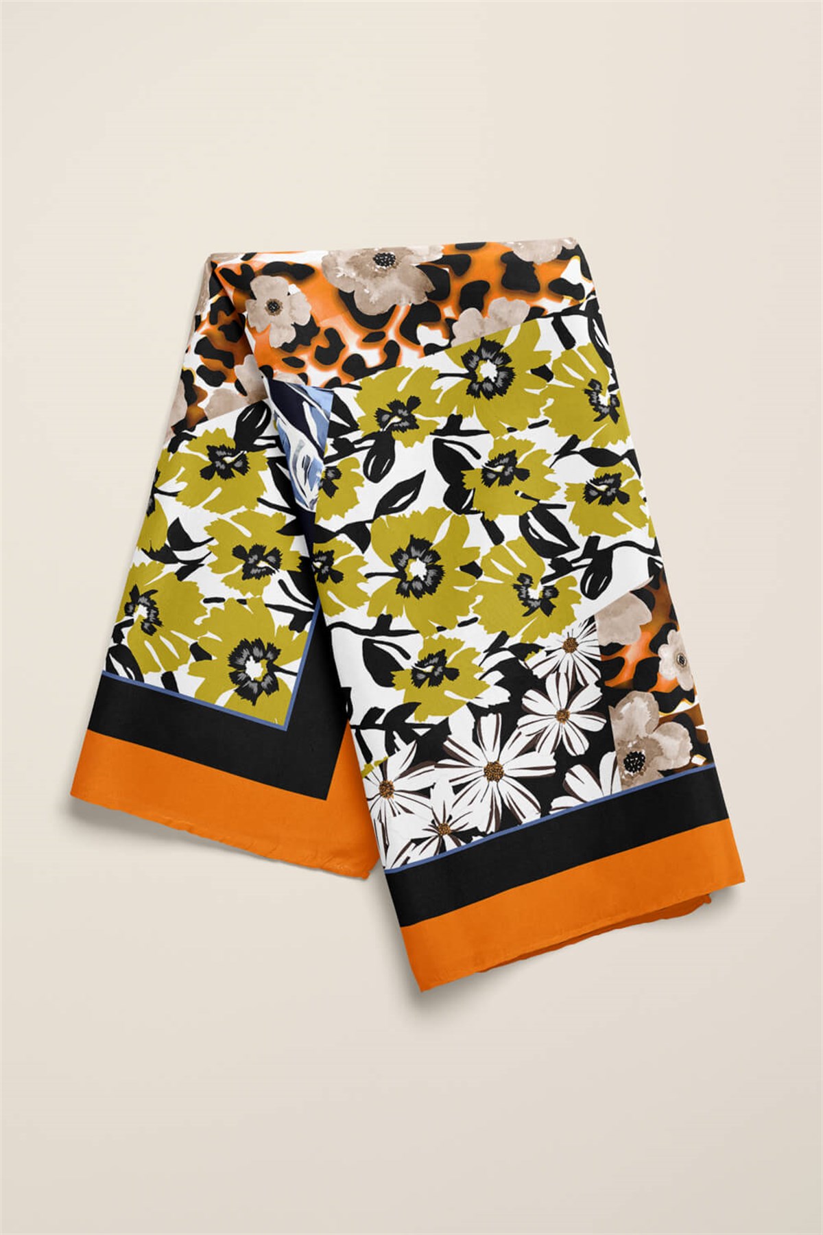 Violla H47 Kadın Sarı Mavi Çiçek Desenli 50x50 Bandana HYL DG01631-22