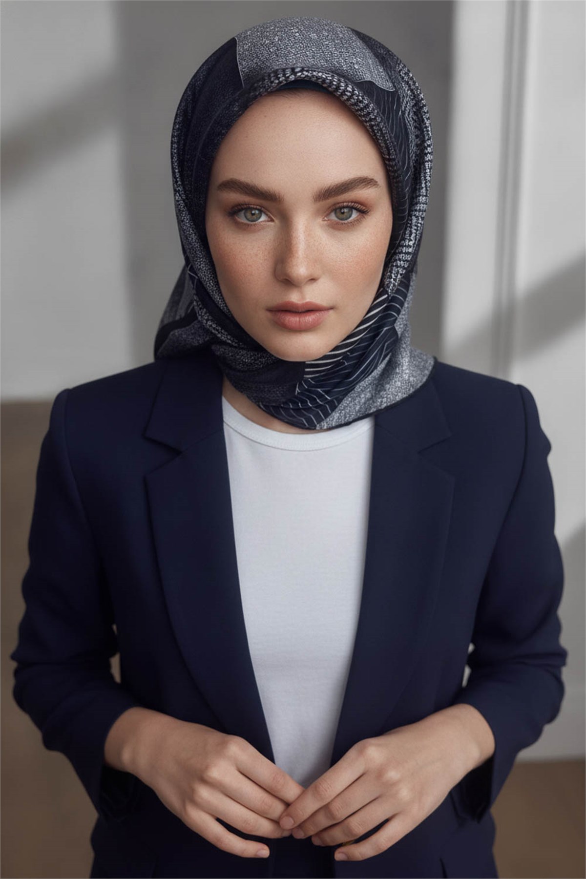%100 Twill İpek Dokulu ve Geometrik Desenli Lacivert - Krem Renkli 90x90 Eşarp Dikim Şekli : El Dikişi