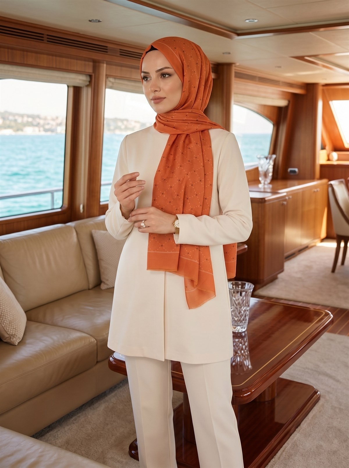 %100 Saf İpek Şal İnce Saten Vual Dokuma Geometrik Desenli Taba - Siyah Renkli 90x210 Şal