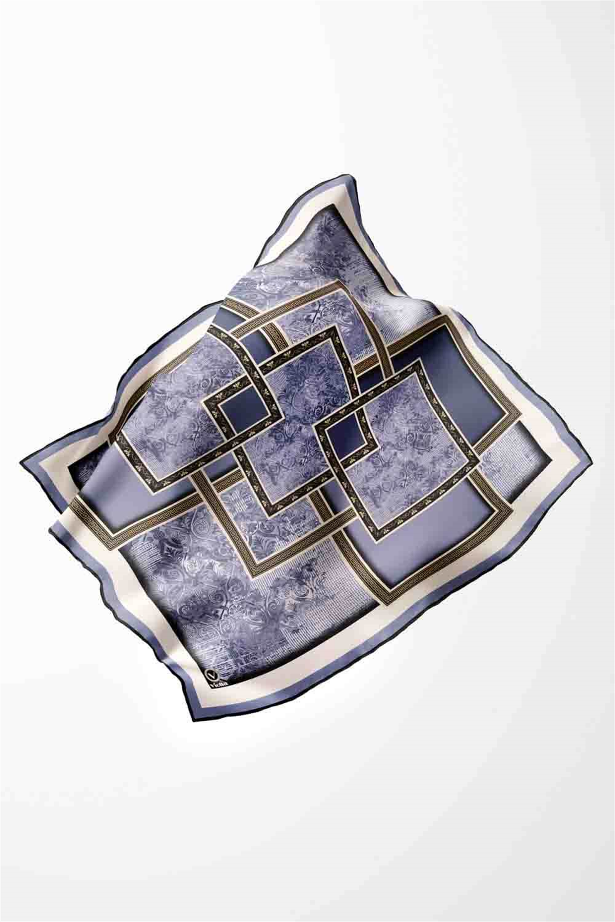 Twill Geometrik Desenli İndigo Renkli 90x90 Eşarp (İpek İçermez) Kenar Dikiş Şekli El Dikişli