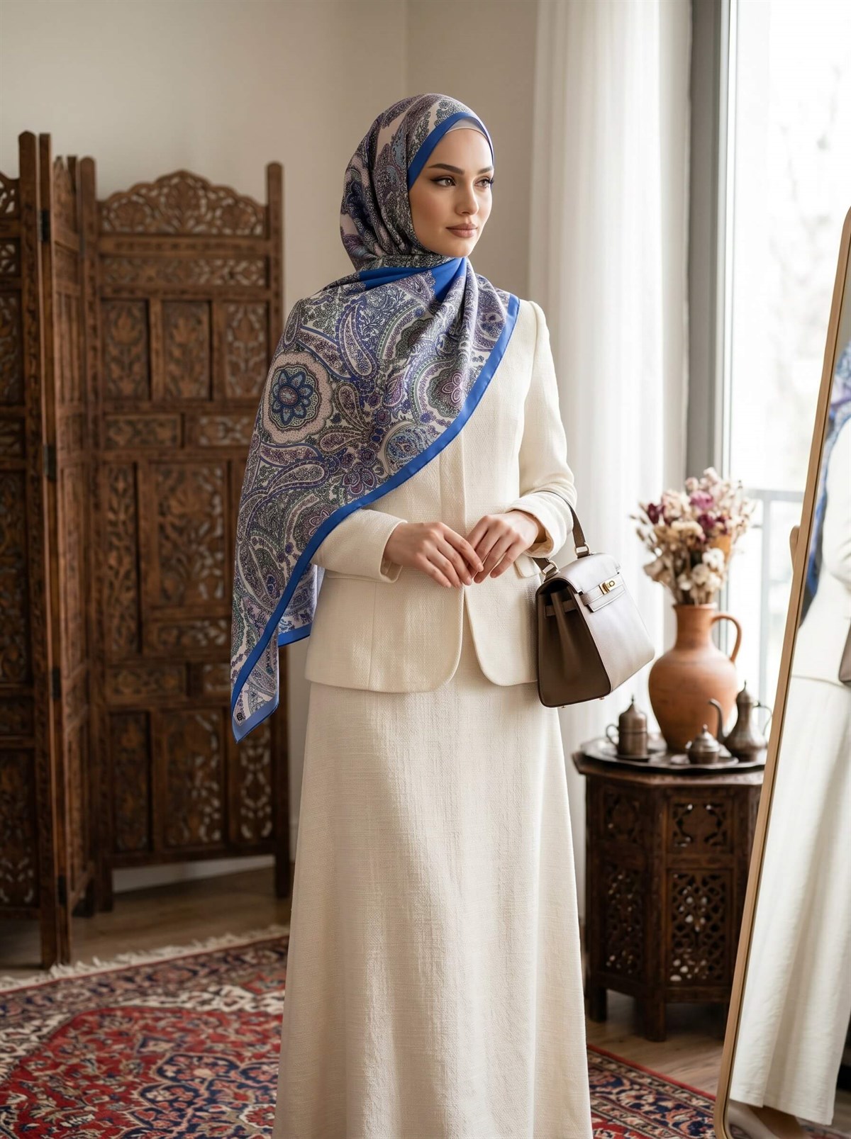 100% İpek Etro Desenli Saks Renkli 92x210 Şal