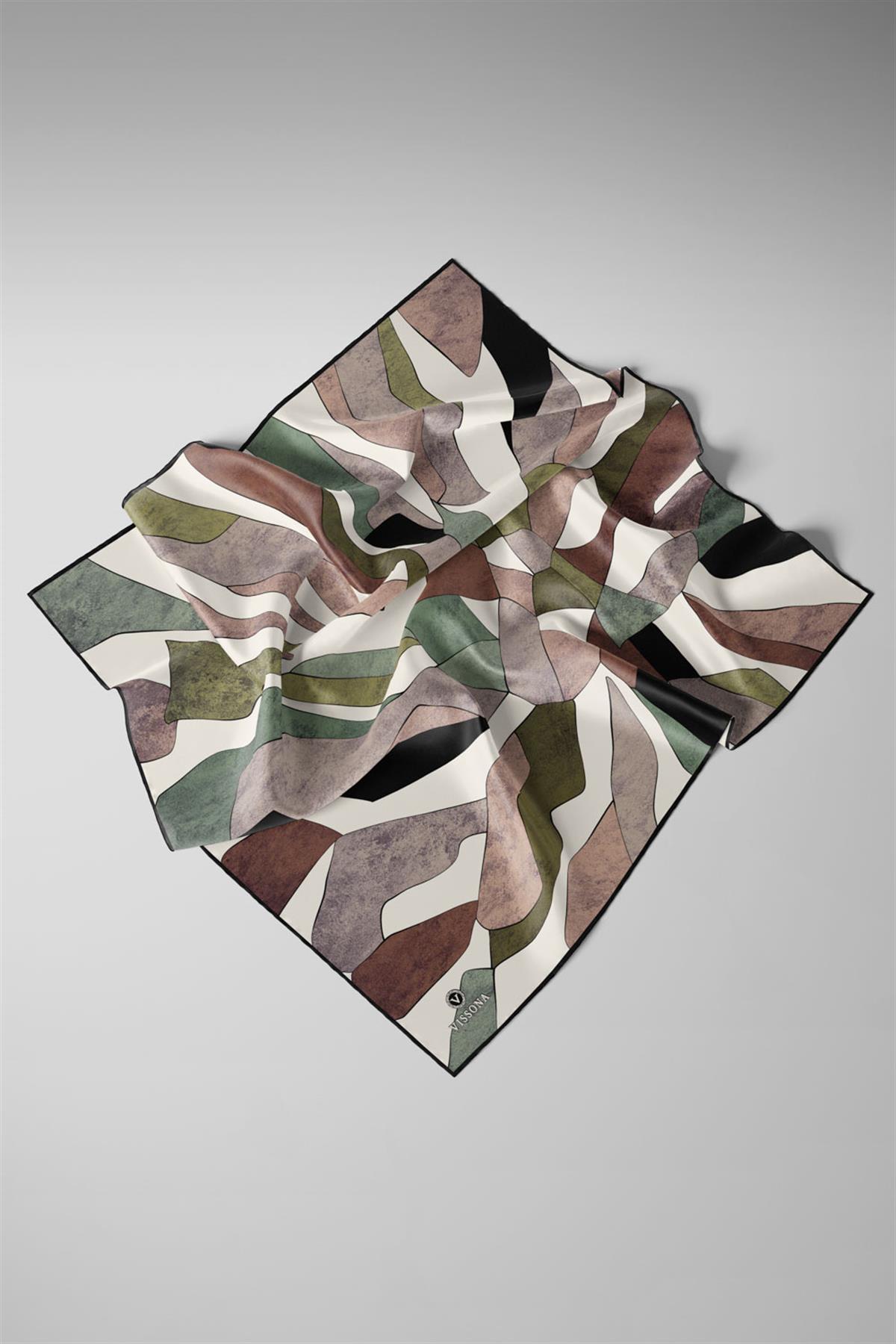 %100 Twill İpek Geometrik Desenli Bakır - Haki Renkli 90x90 Eşarp Dikim Şekli : El Dikişi