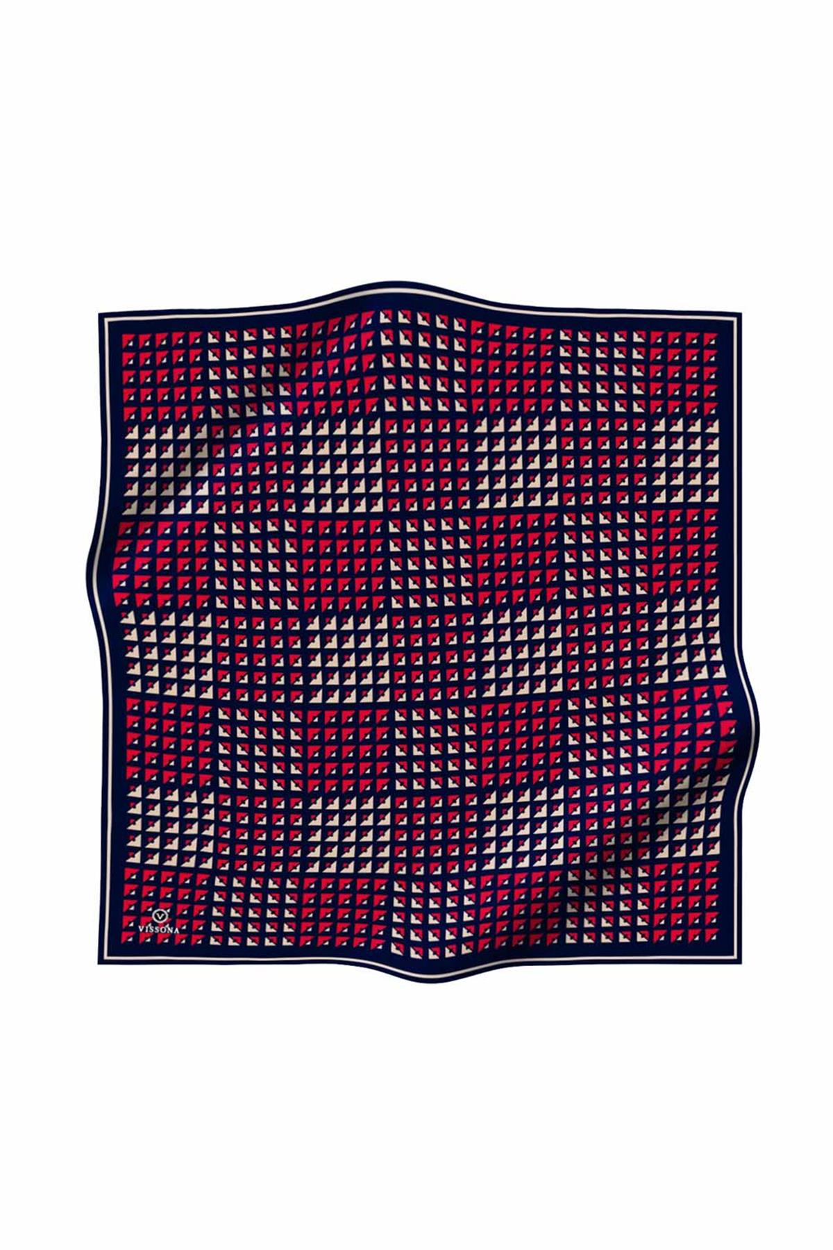 %100 Twill İpek Geometrik Desenli Lacivert - Kırmızı Renkli 90x90 Eşarp Dikim Şekli : El Dikişi