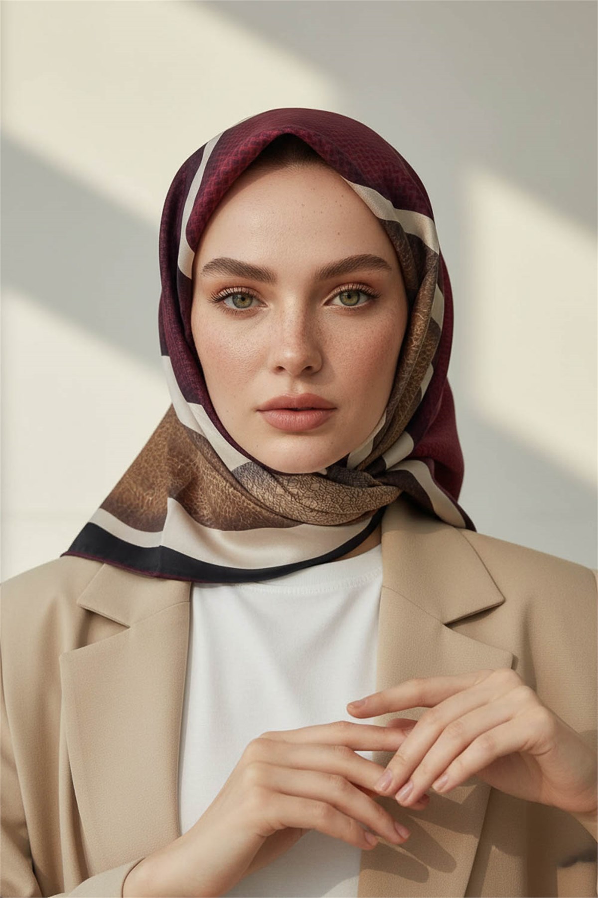 %100 Twill İpek Eşarp 90x90 Soyut Dalga Desenli El Dikişli Kadın Eşarp