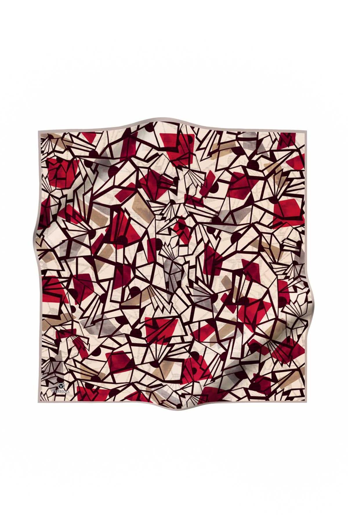 %100 Twill Renkli Petek Desenli Bej - Kırmızı Renkli 90x90 Eşarp Dikim Şekli: El Dikişii