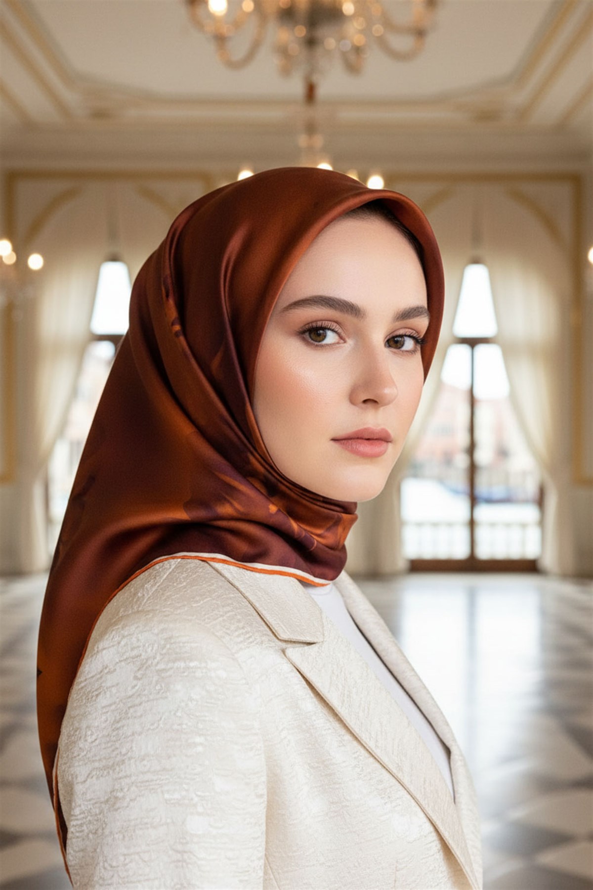 % 57 İPEK % 43 VİSKON Twill İpek Çiçek Desenli Taba Renkli 90x90 Dikim Şekli : El Dikişi Eşarp