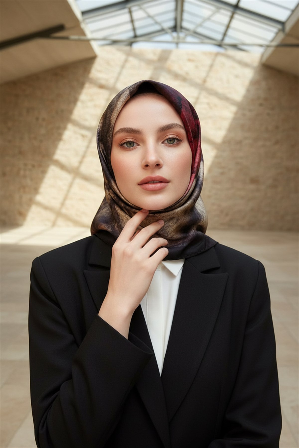 % 57 İPEK % 43 VİSKON Twill İpek Dokulu Ve Geometrik Desenli Bordo - Bej Renkli 90x90 Eşarp Dikim Şekli : El Dikişi