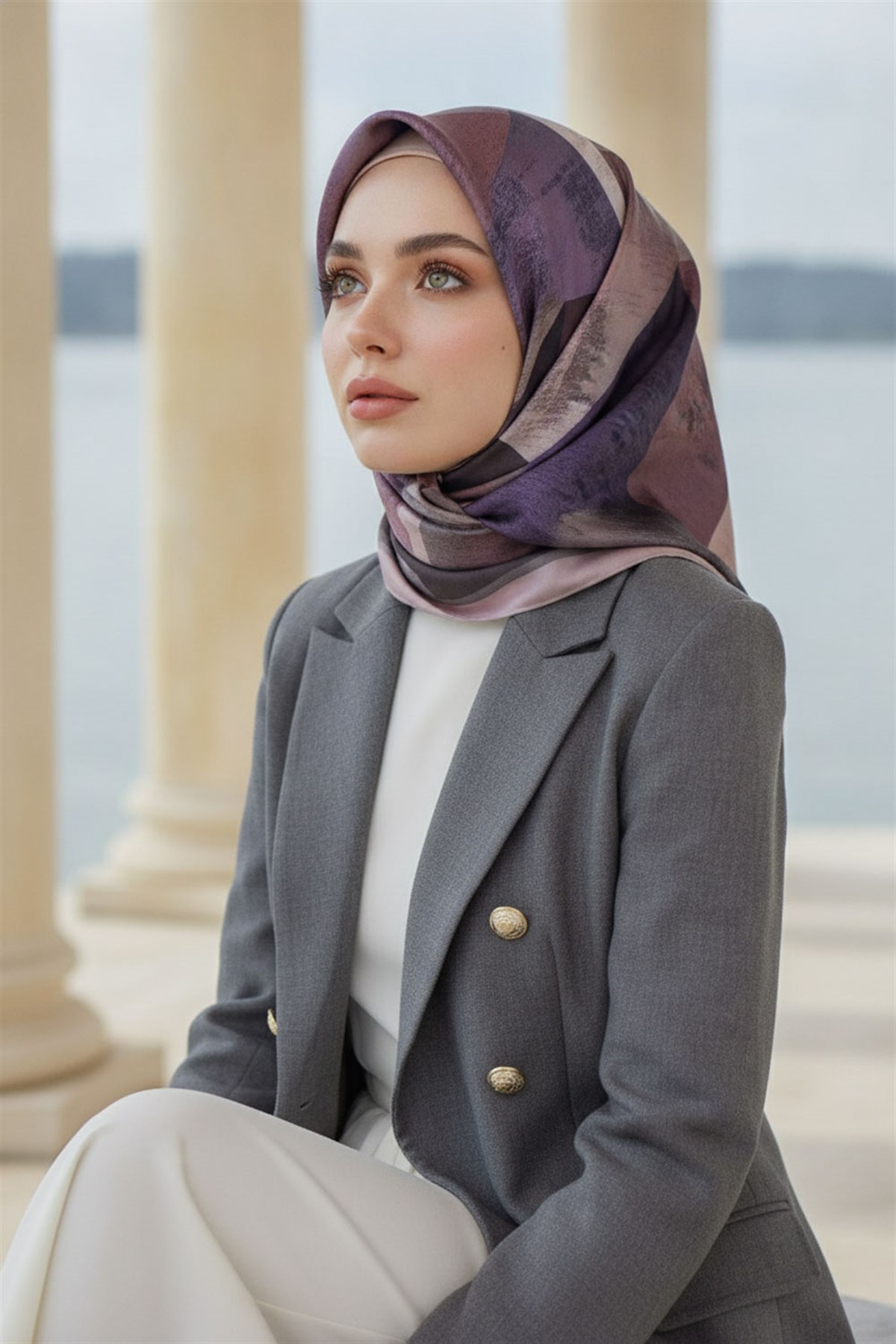 %100 Twill İpek Geometrik Desenli Lila - Pembe Renkli 90x90 Eşarp Dikim Şekli : El Dikişi