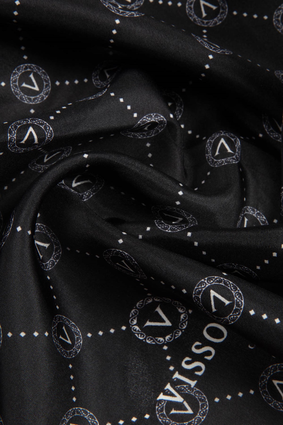 % 100 İpek V Logo Desenli Siyah - Krem Renkli 90x210 Şal