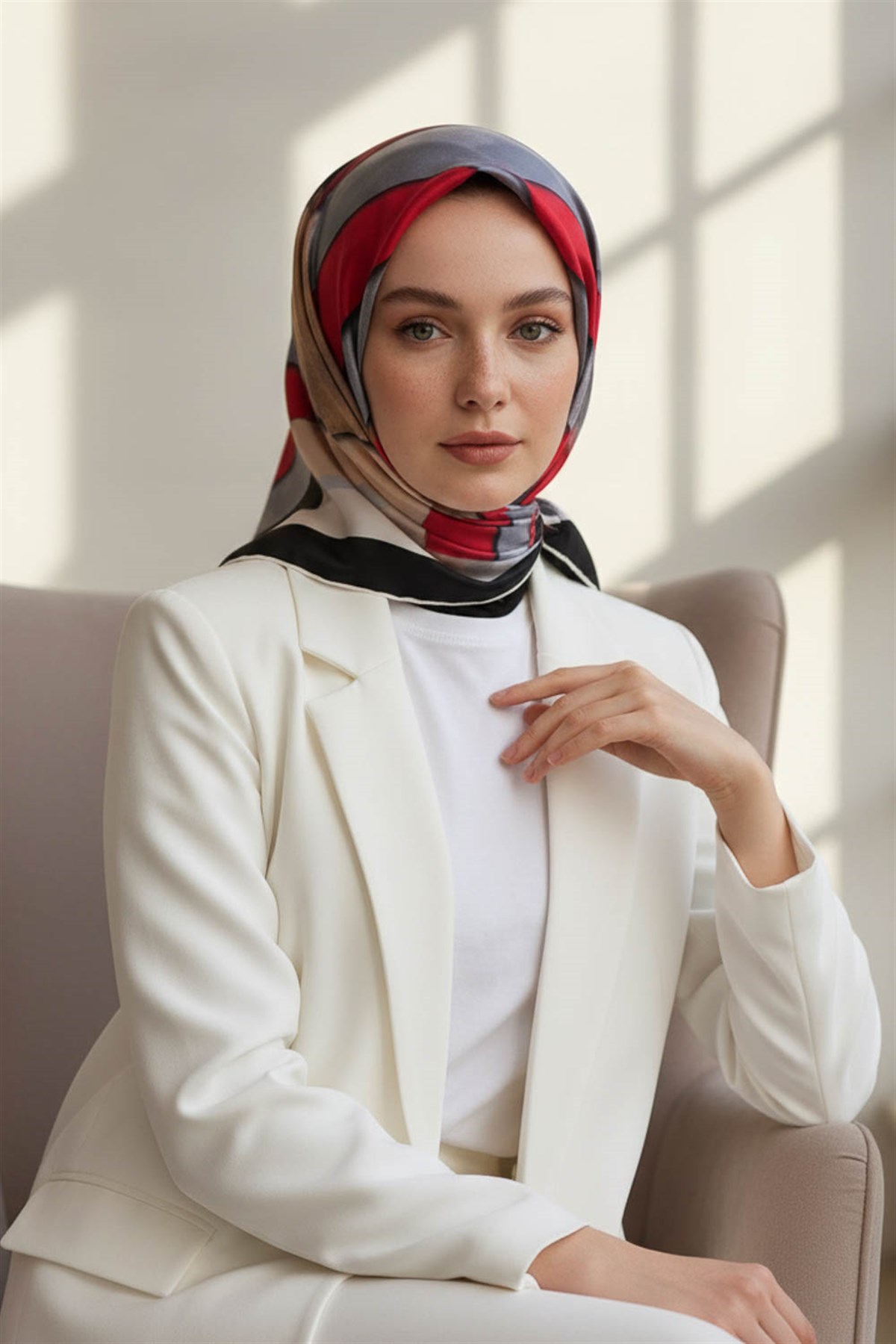 % 57 İPEK % 43 VİSKON Twill Geometrik Bulut  Desenli Kırmızı Bej  Renkli 90x90 Eşarp Dikim Şekli: El Dikişi