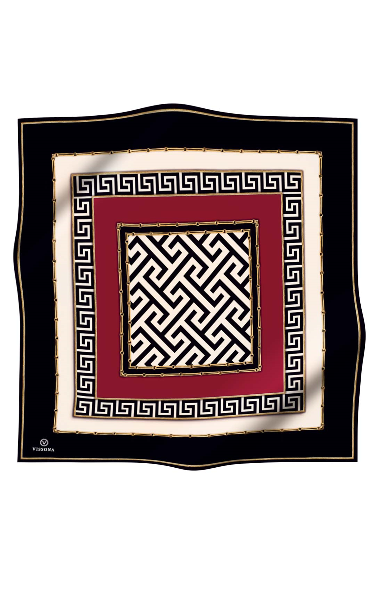 % 57 İPEK % 43 VİSKON Twill İpek Labirent Ve Geometrik Desenli Siyah - Bordo Renkli 90x90 Eşarp Dikim Şekli : El Dikişi