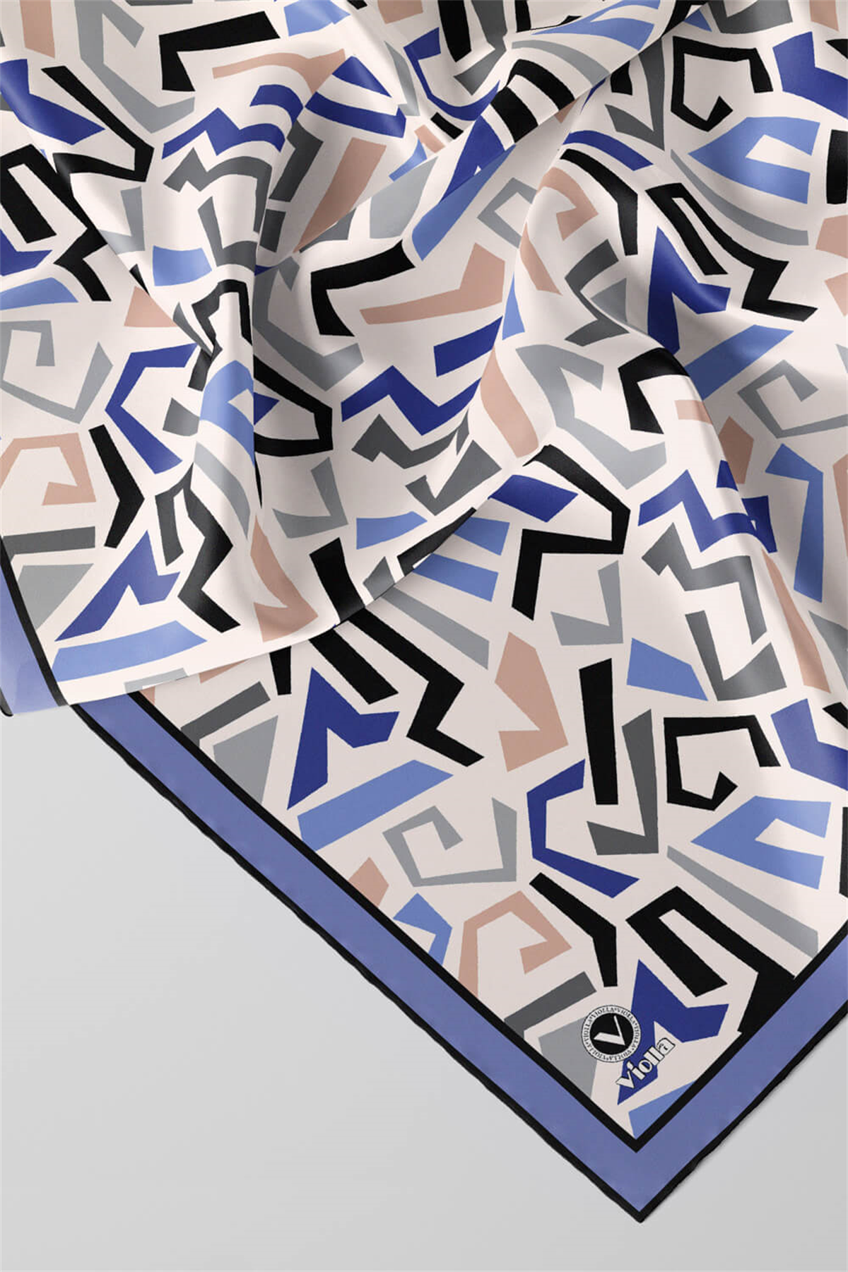 Twill Geometrik Desenli Bebe Mavisi Renkli 90x90 Eşarp (İpek İçermez) Kenar Dikiş Şekli El Dikişli