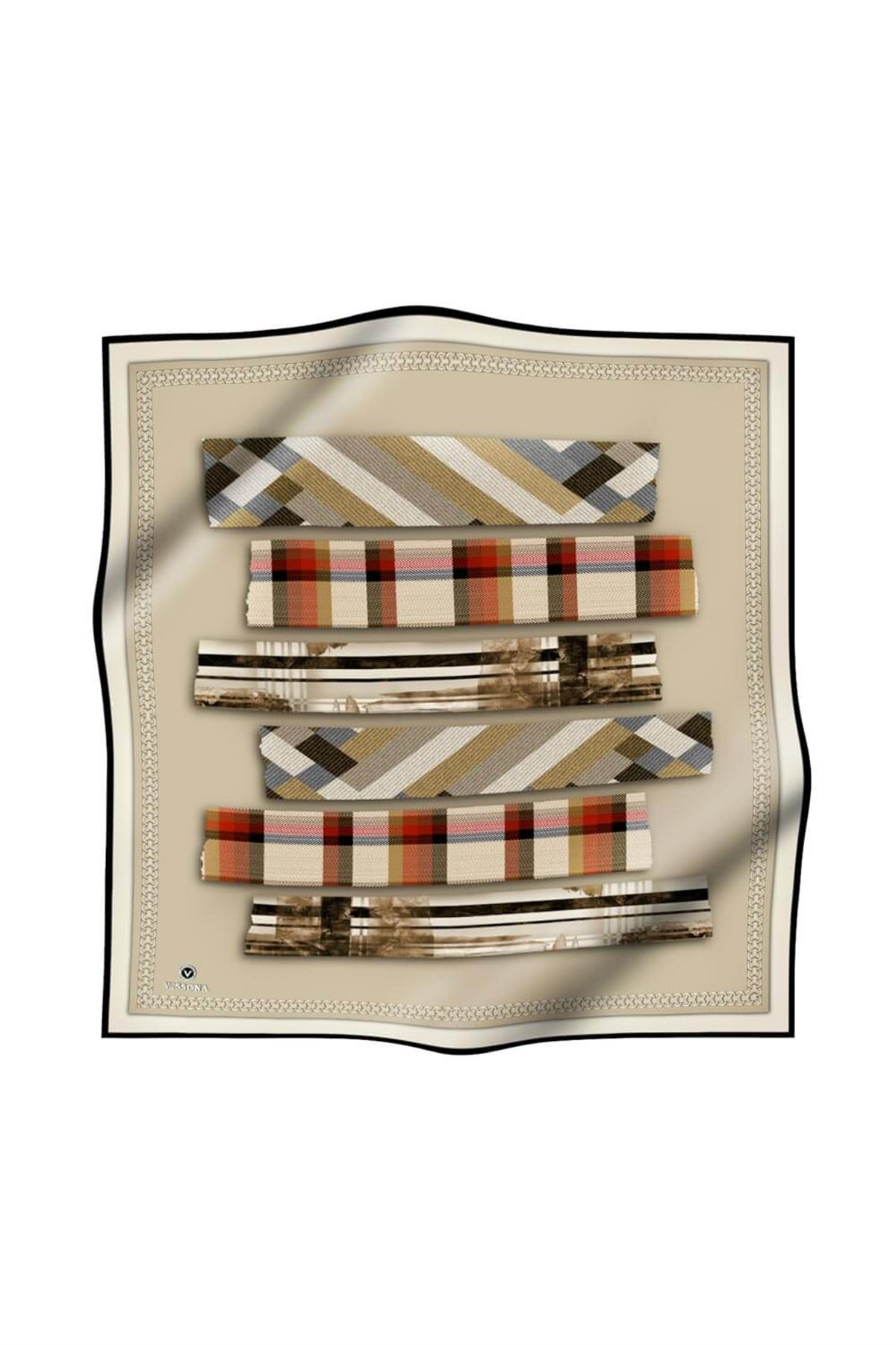 %100 Twill İpek Ekose Desenli Taş - Kırmızı Renkli 90x90 Eşarp Dikim Şekli : El Dikişi