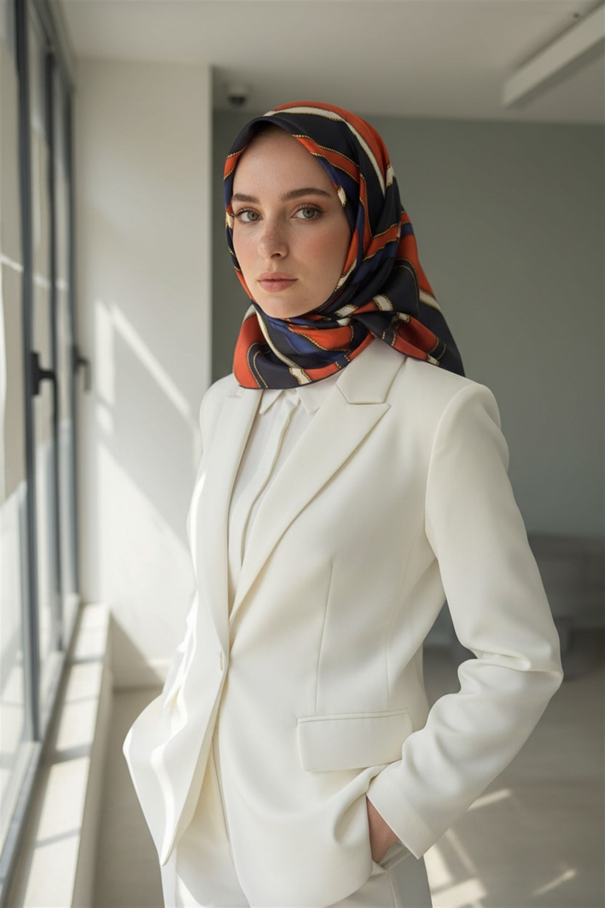 %100 Twill Geometrik Monogram Desenli Lacivert - Taba Renkli 90x90 Eşarp Kenar Dikiş Şekli : El Dikişli