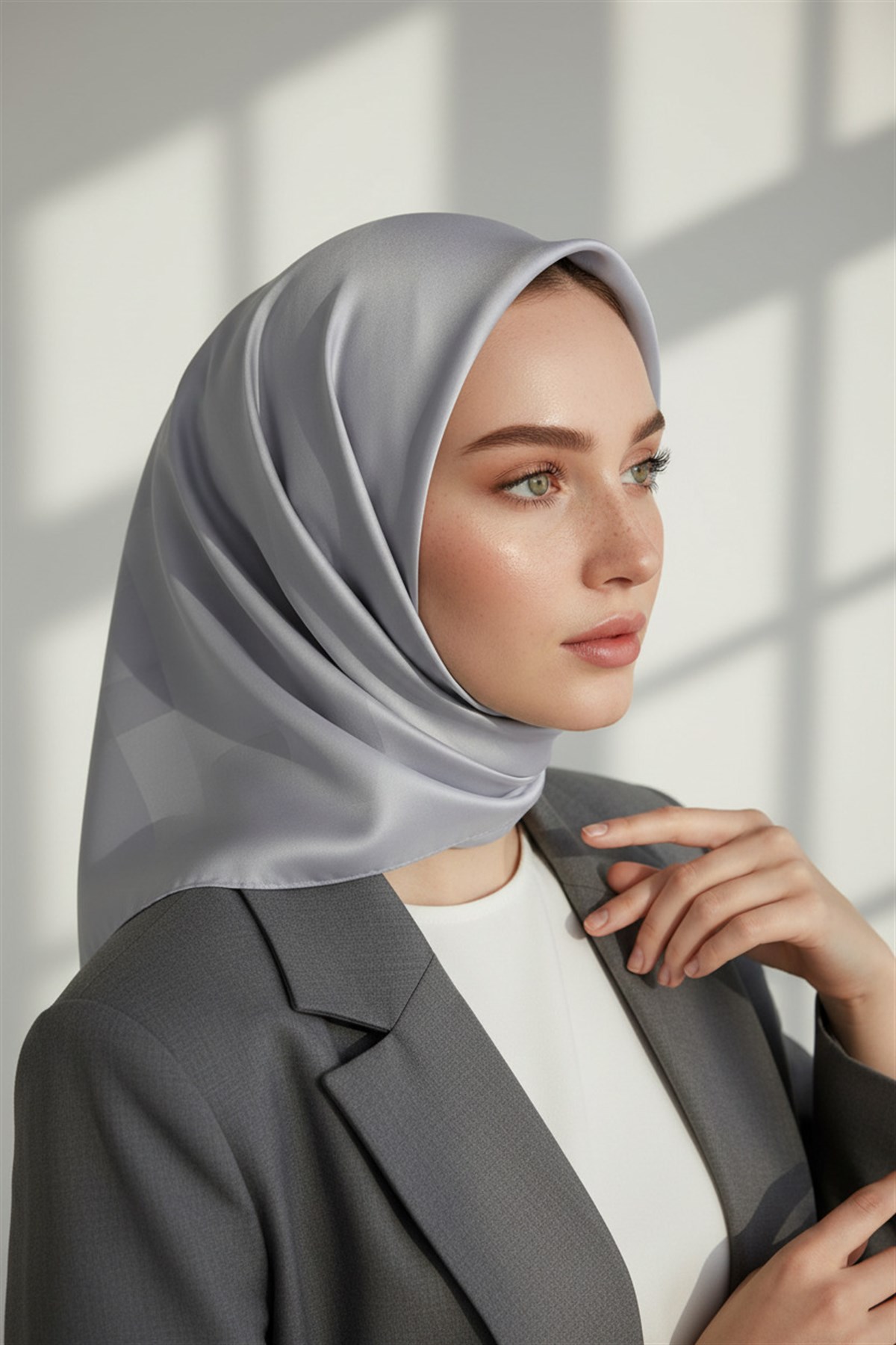 Viskon Twill İpek Az Hatalı Açık Gri  Renkli 90x90 Düz Eşarp Dikim Şekli : El Dikişi