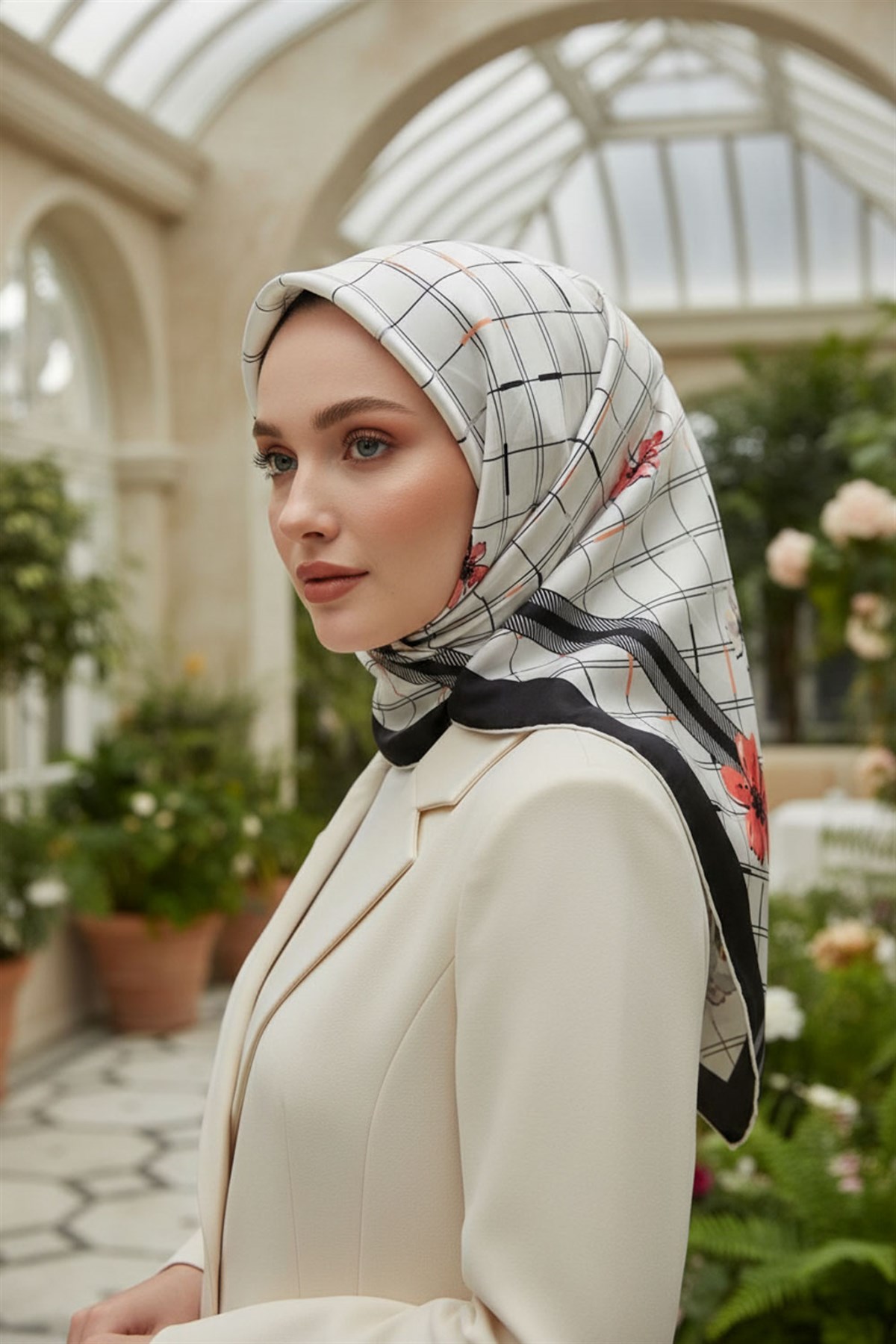 %100 Twill İpek Çıtır Çiçek Desenli Narçiçeği - Krem Renkli 90x90 Eşarp Dikim Şekli : El Dikişi