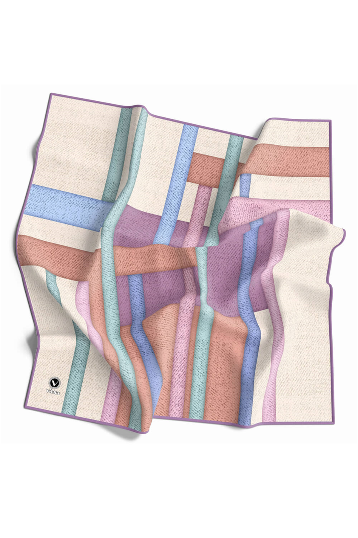 Twill Renkli Şerit Desenli Lila Renkli 90x90 Eşarp (İpek İçermez) Kenar Dikiş Şekli El Dikişli