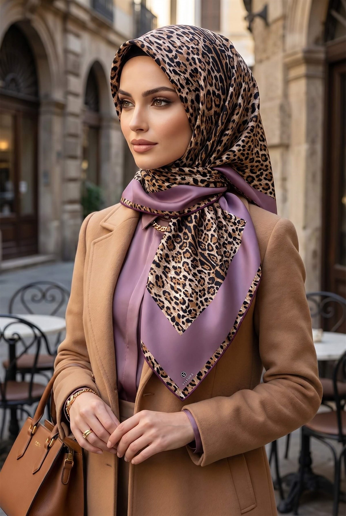 %100 Twill İpek Leopar Desenli Sirke Renkli 90x90 Eşarp Dikim Şekli : El Dikişi