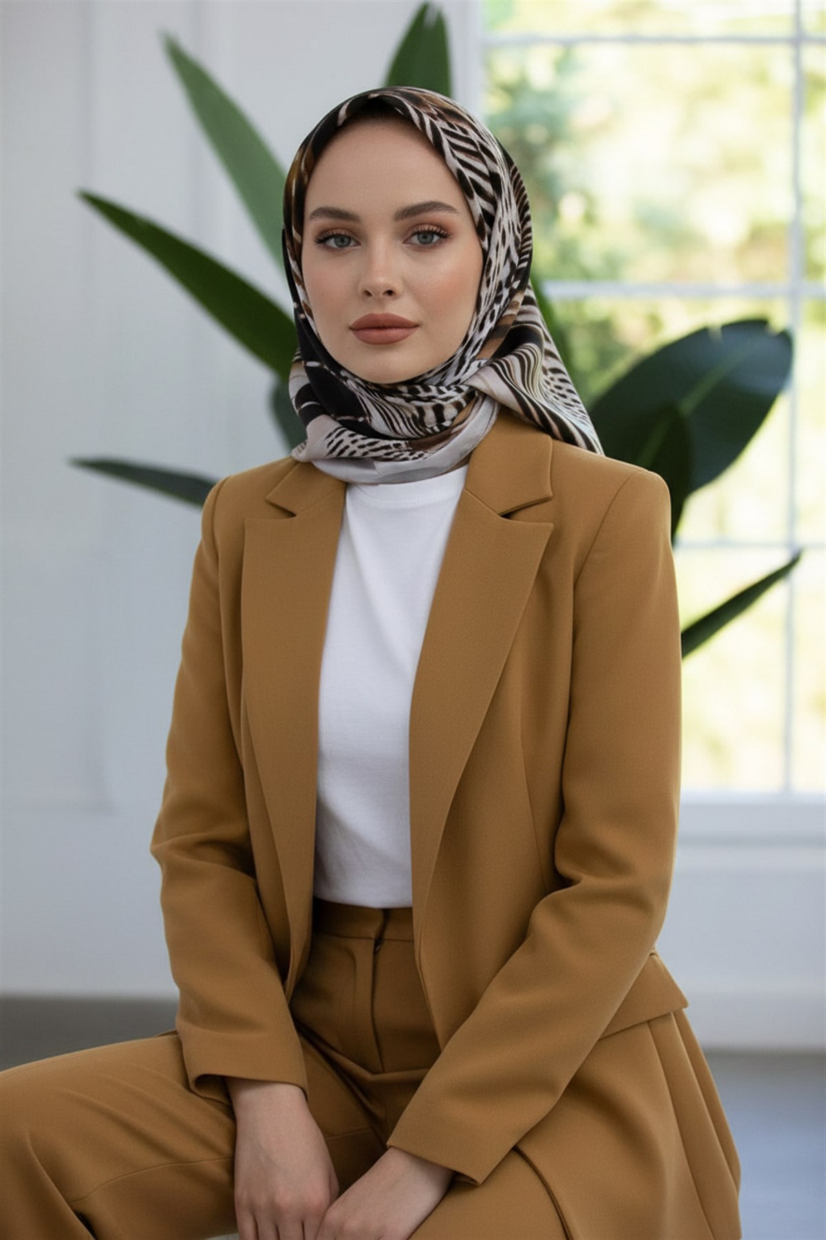 %100 Twill İpek Geometrik Desenli Bej - Bakır Renkli 90x90 Eşarp Dikim Şekli : El Dikişi