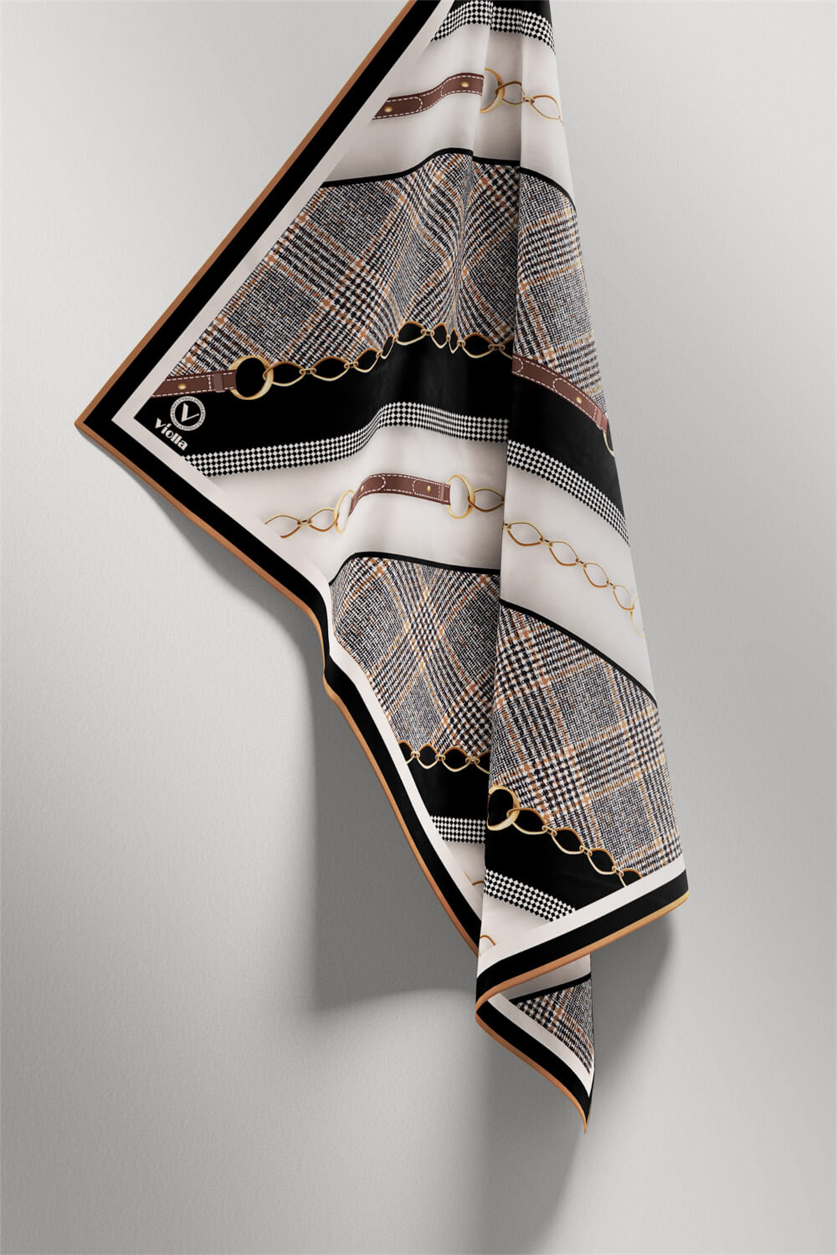 Twill Kemer Desenli Siyah Renkli 90x90 Eşarp (İpek İçermez) Kenar Dikiş Şekli El Dikişli