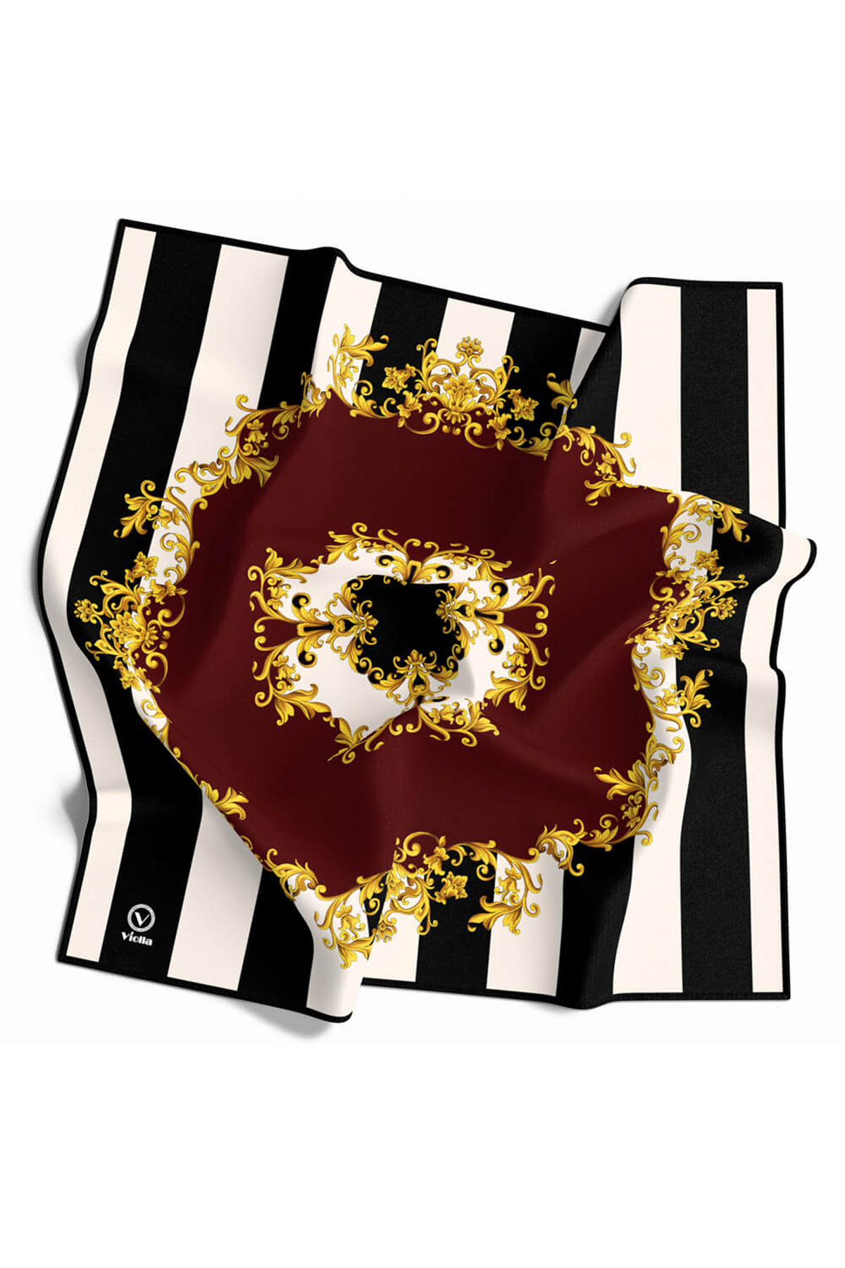 Twill Çizgili Barok Desenli Bordo - Siyah Renkli 90x90 Eşarp (İpek İçermez) Kenar Dikiş Şekli El Dikişli