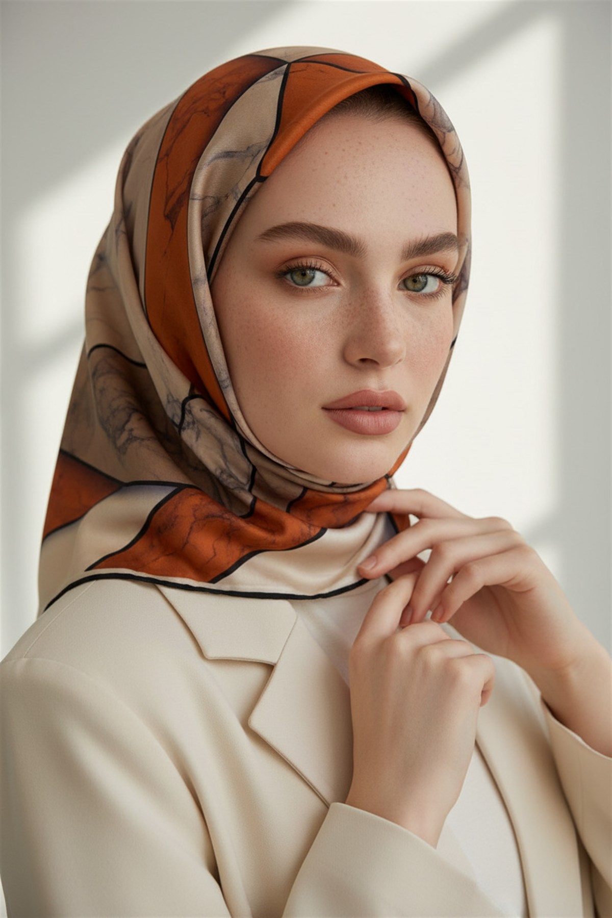 %100 Twill İpek Mermer Desenli Taba - Bej Renkli 90x90 Eşarp Dikim Şekli : El Dikişi