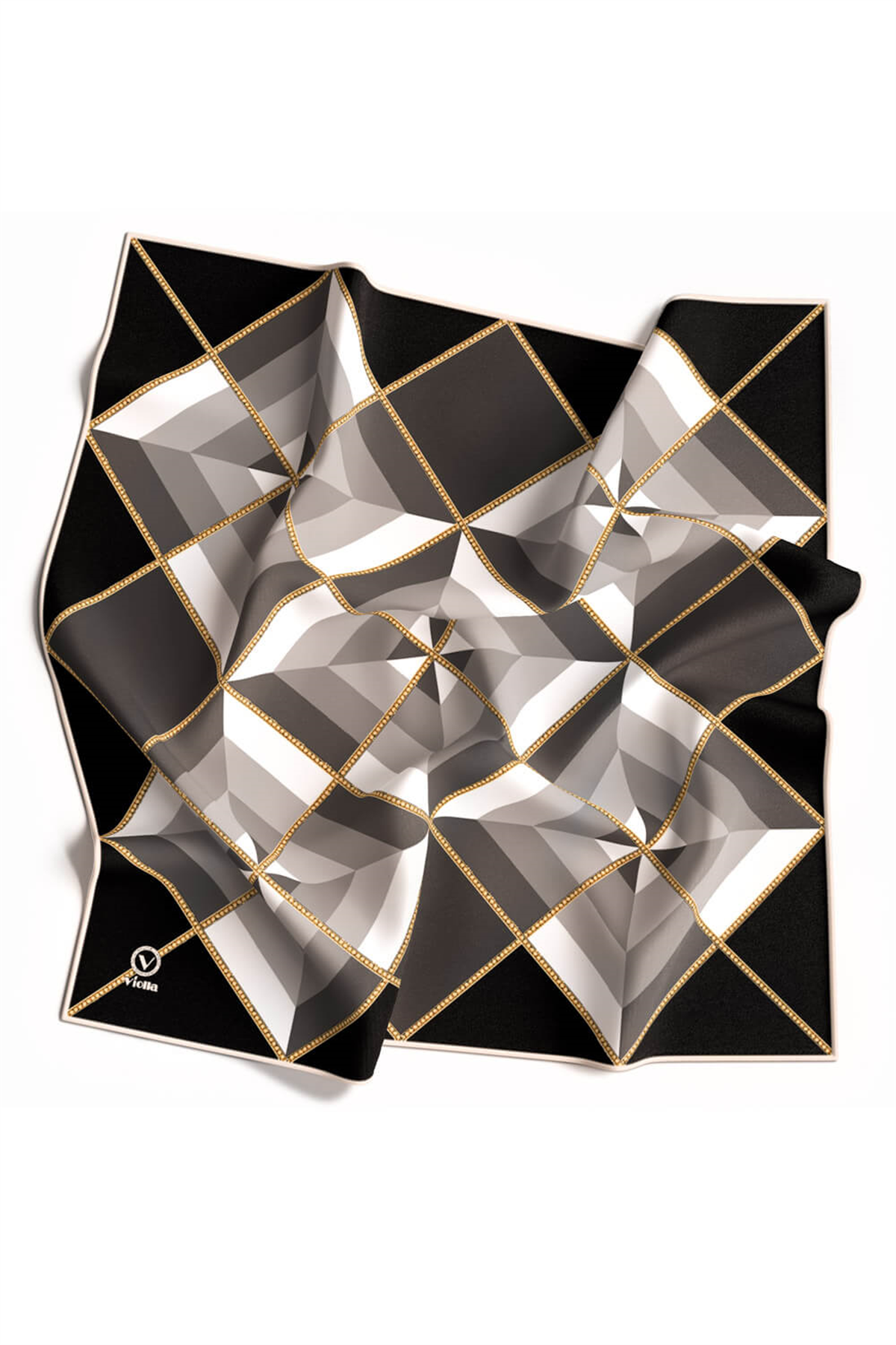 Twill Geometrik Desenli Siyah - Gri Renkli 90x90 Eşarp (İpek İçermez) Kenar Dikiş Şekli El Dikişli