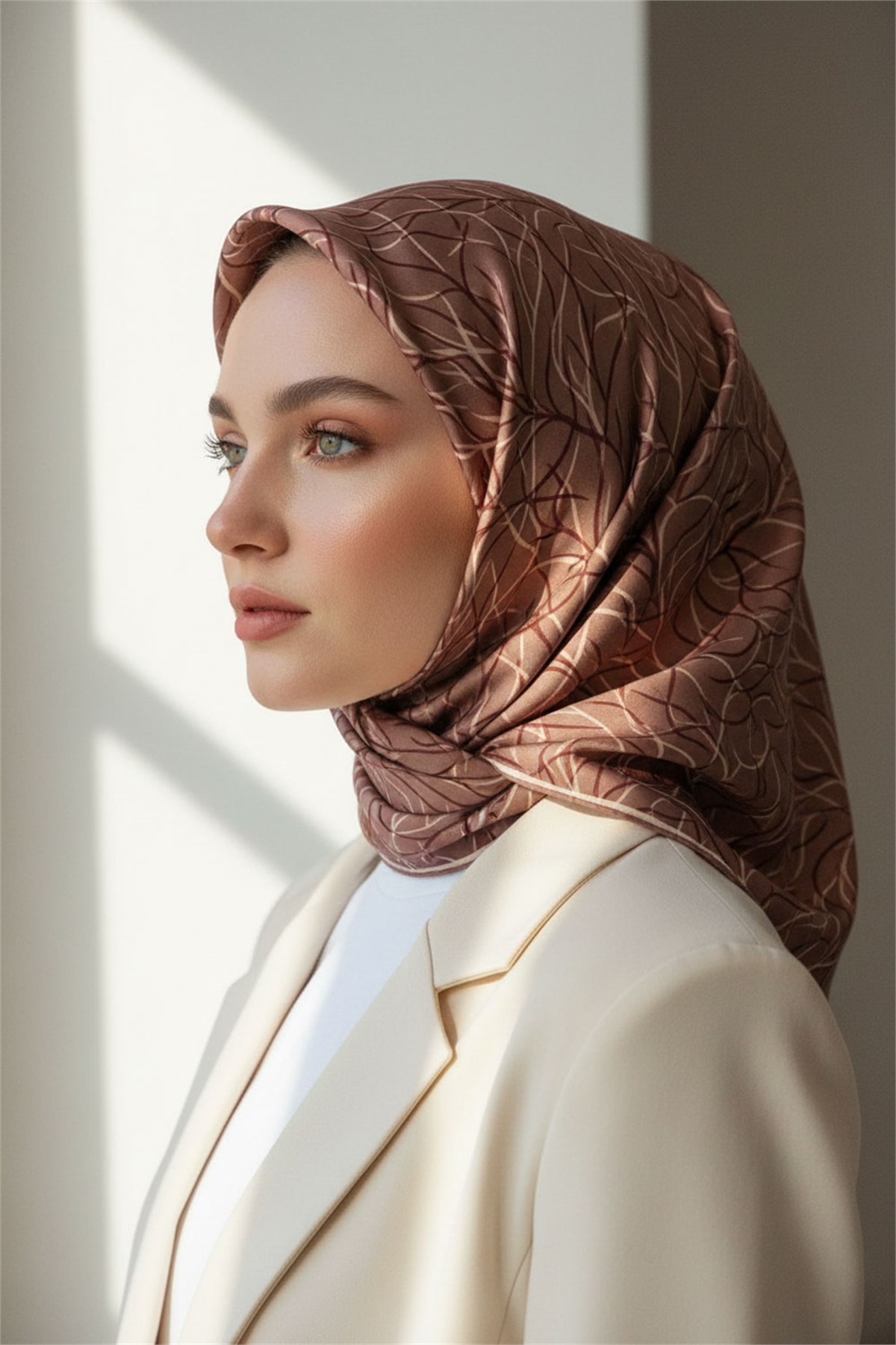%100 Twill İpek Degrade Desenli Bakır Renkli 90x90 Eşarp Dikim Şekli : El Dikişi