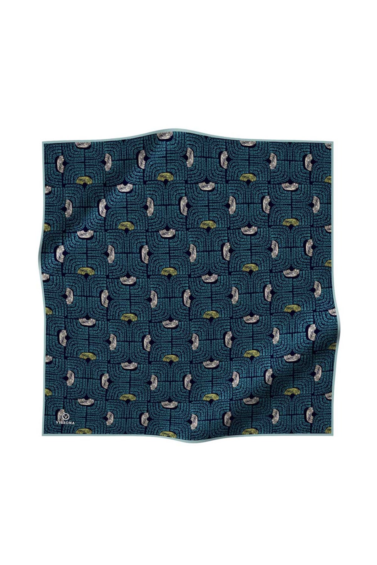 %100 Twill İpek Geometrik Desenli Petrol Mavisi - Lacivert Renkli 90x90 Eşarp Dikim Şekli : El Dikişi