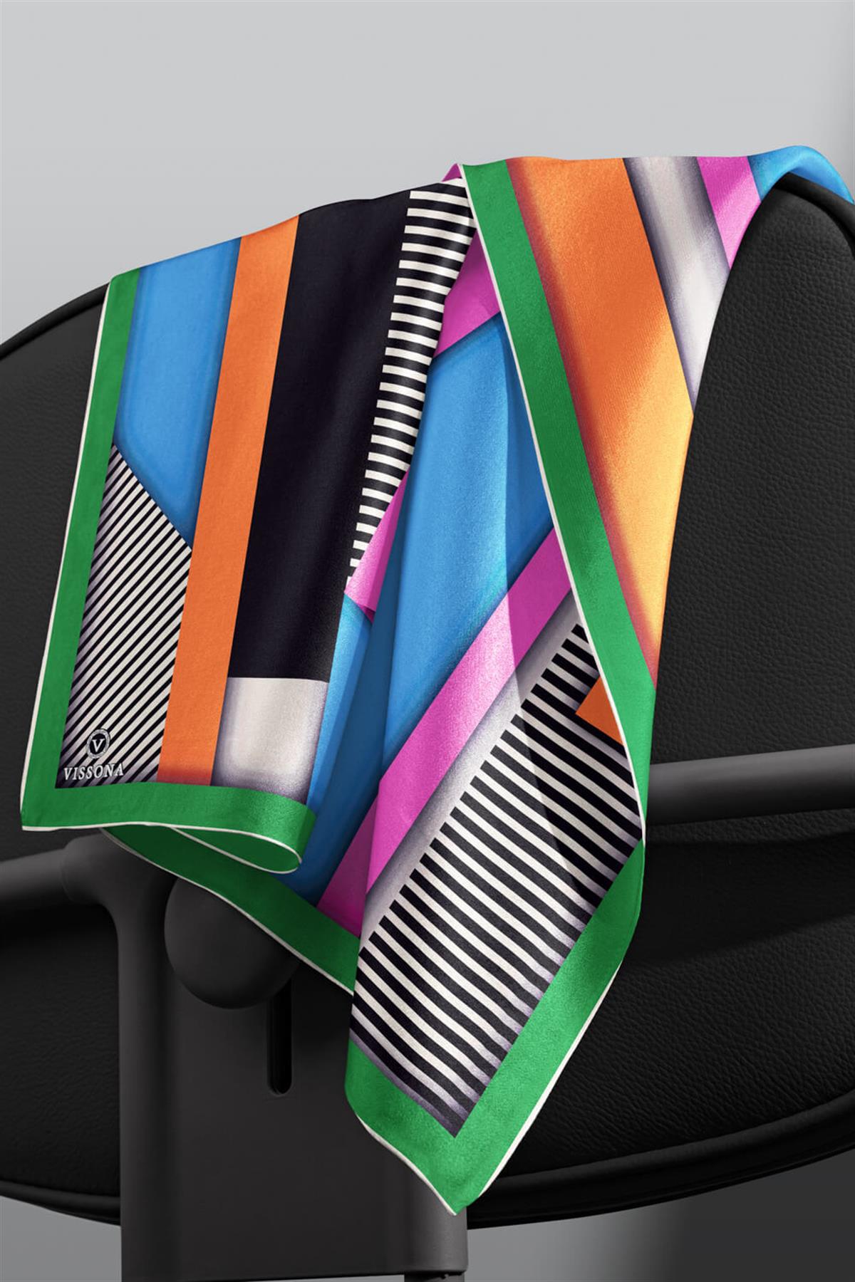 %100 Twill Renk Bloklu Çizgili Desenli Bebe Mavisi - Pembe Renkli 90x90 Eşarp Dikim Şekli: El Dikişii