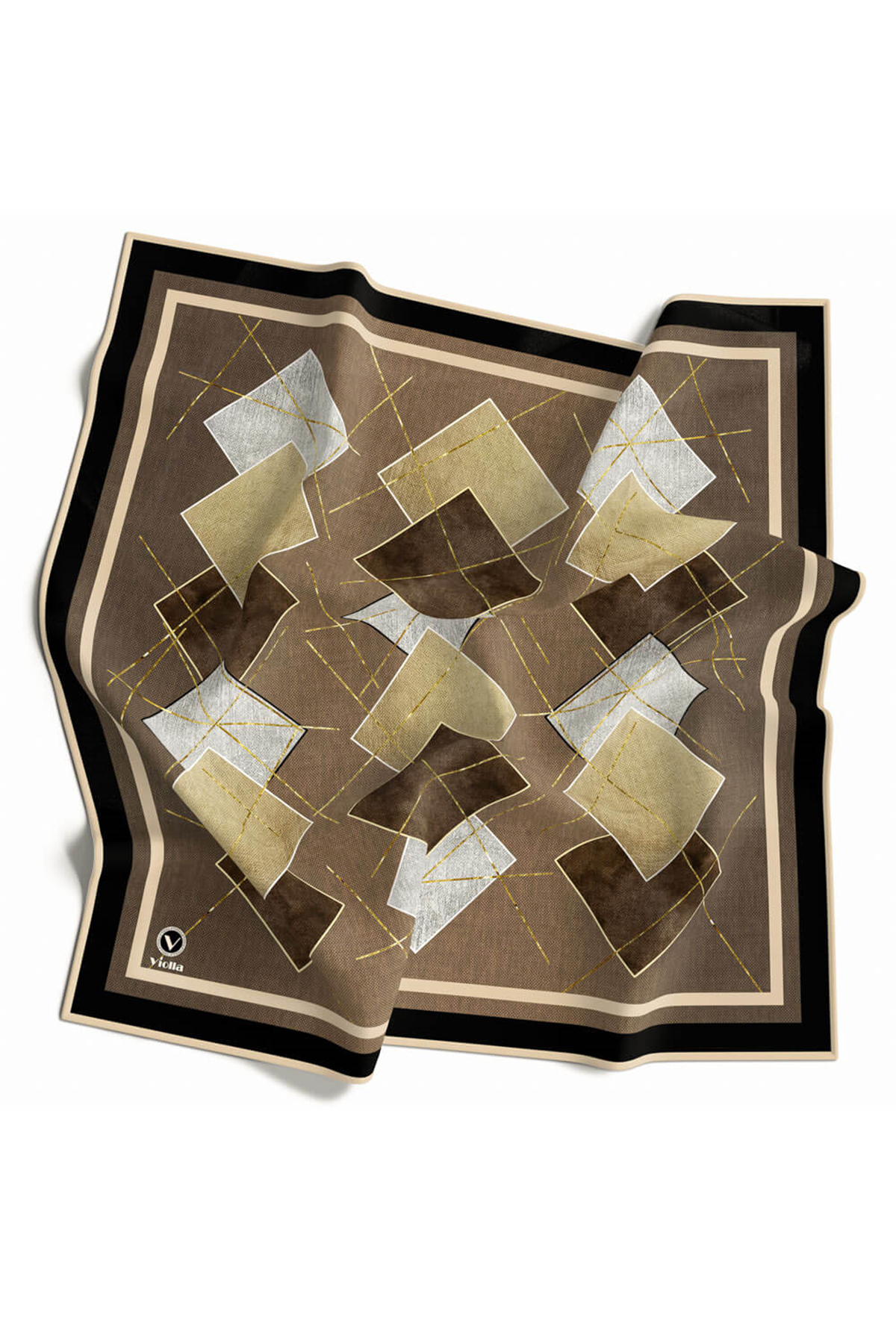 Twill Geometrik Desenli Vizon Renkli 90x90 Eşarp (İpek İçermez) Kenar Dikiş Şekli El Dikişli