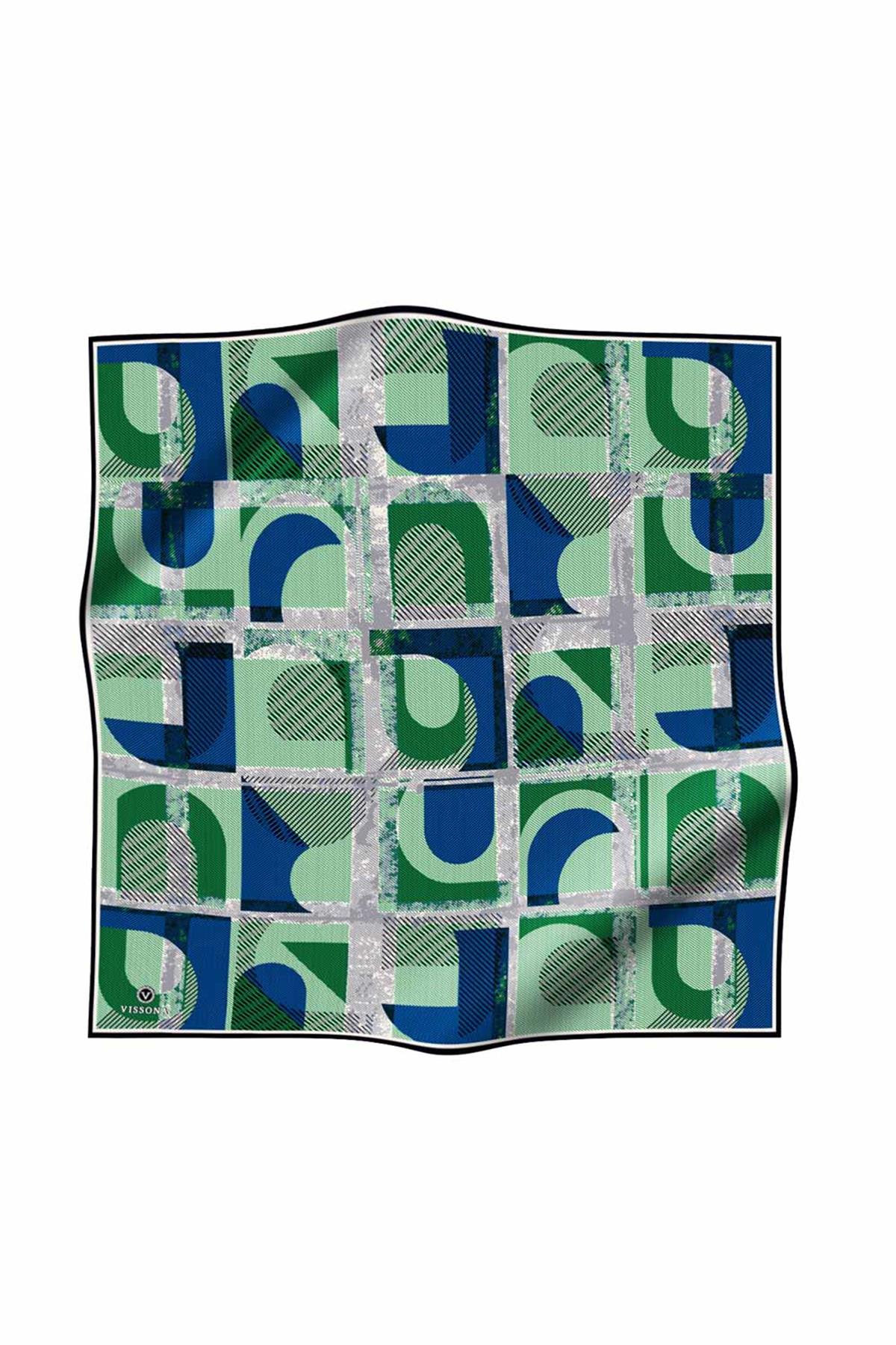 %100 Twill İpek Geometri Desenli Saks - Zümrüt Yeşili Renkli 90x90 Eşarp Kenar Dikiş Şekli El Dikişli