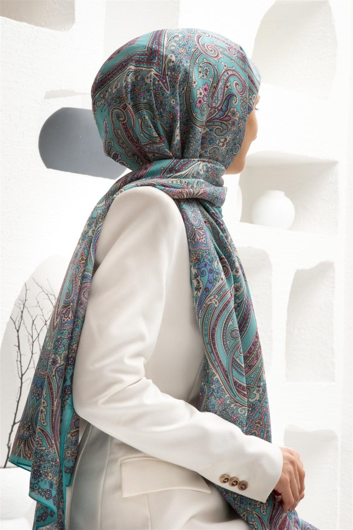 100% İpek Etro Desenli Turkuaz - Pudra Renkli 92x210 Şal